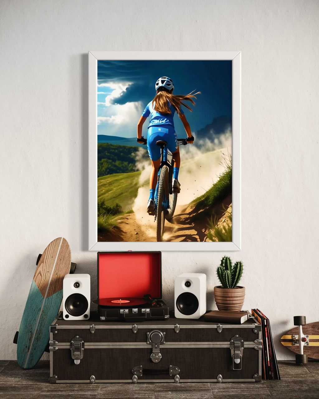 Girl Mountain Biking Blue Museum Print