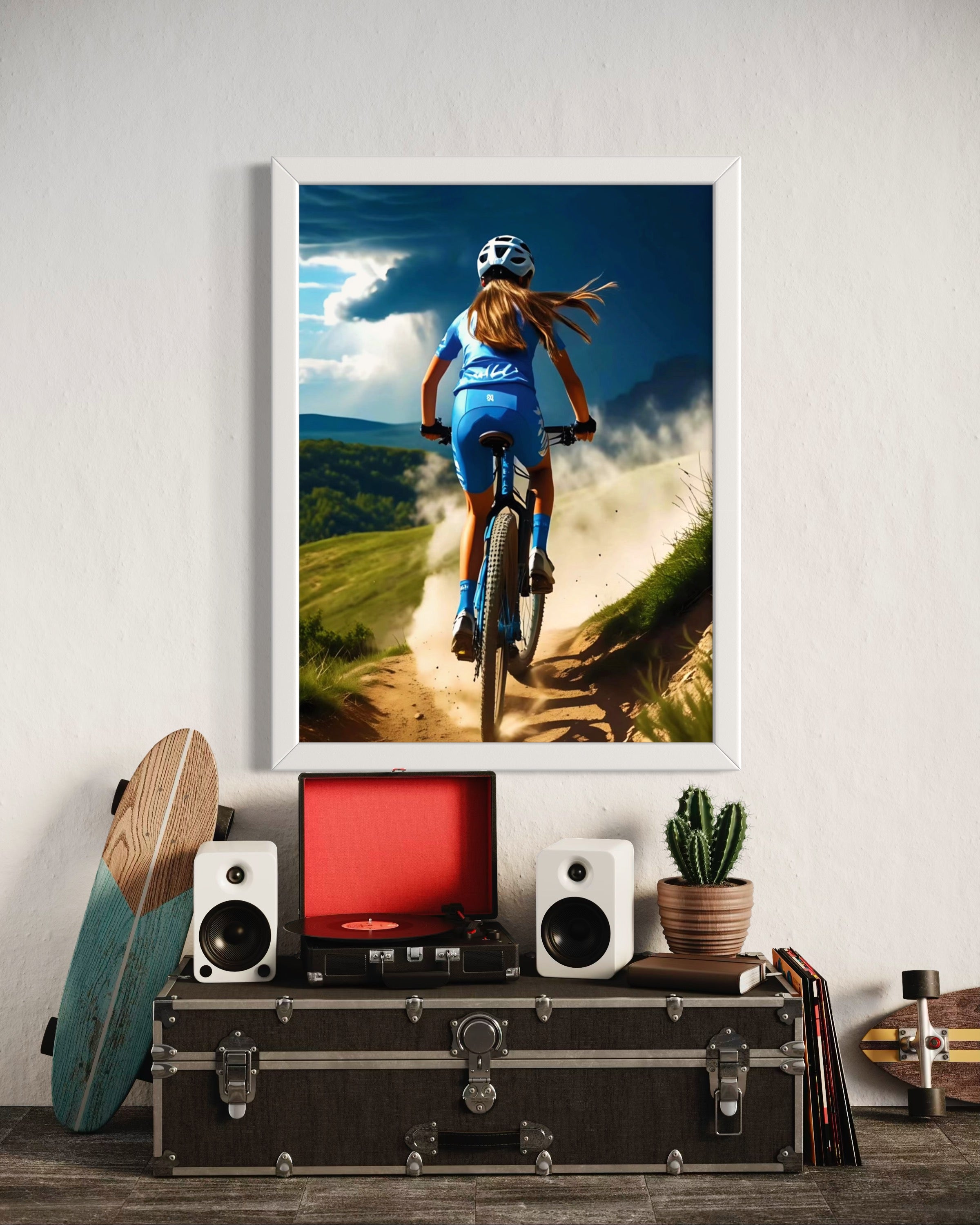 Girl Mountain Biking Blue Museum Print