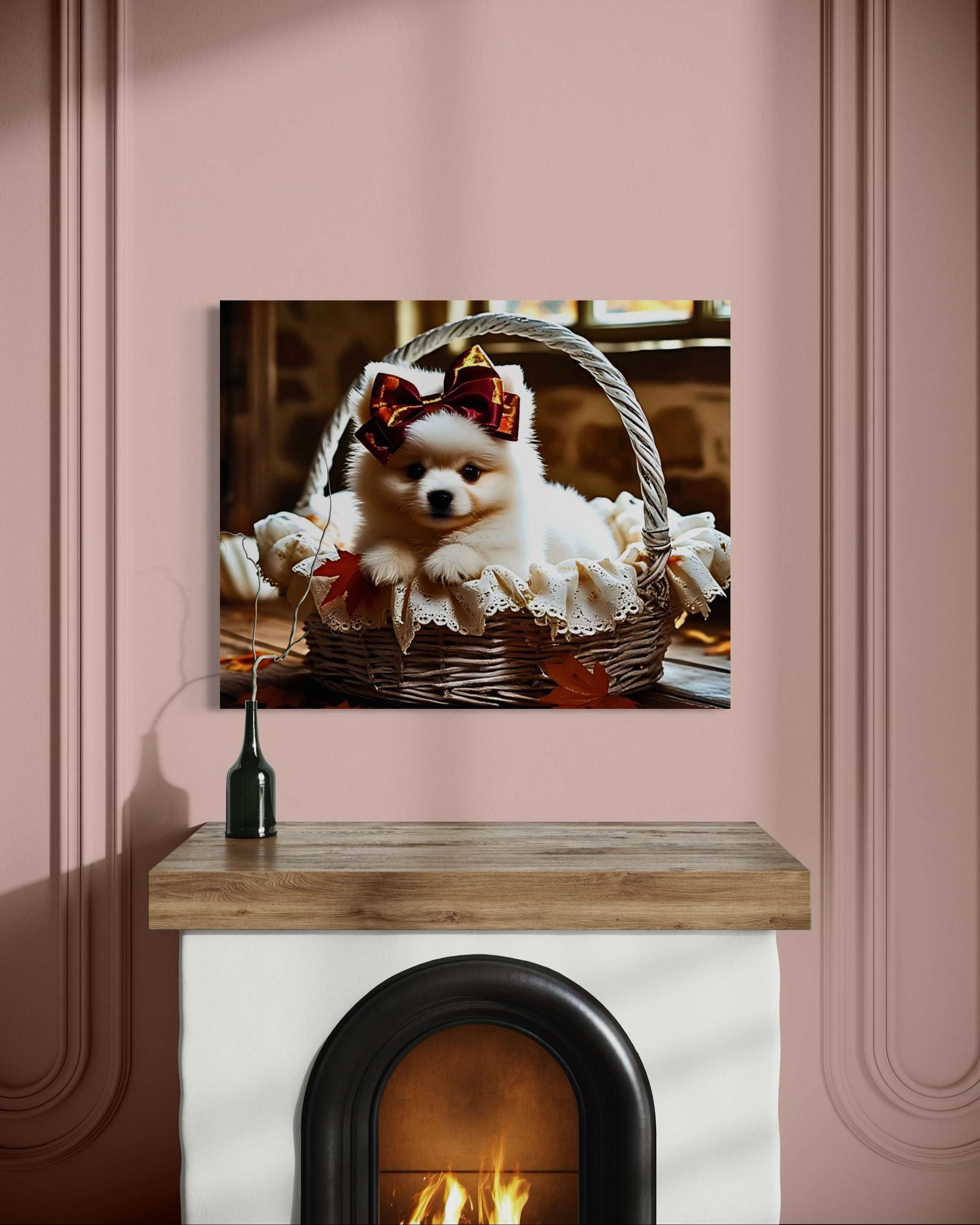 Autumn Pomeranian Puppy Girl with Bow in Basket
