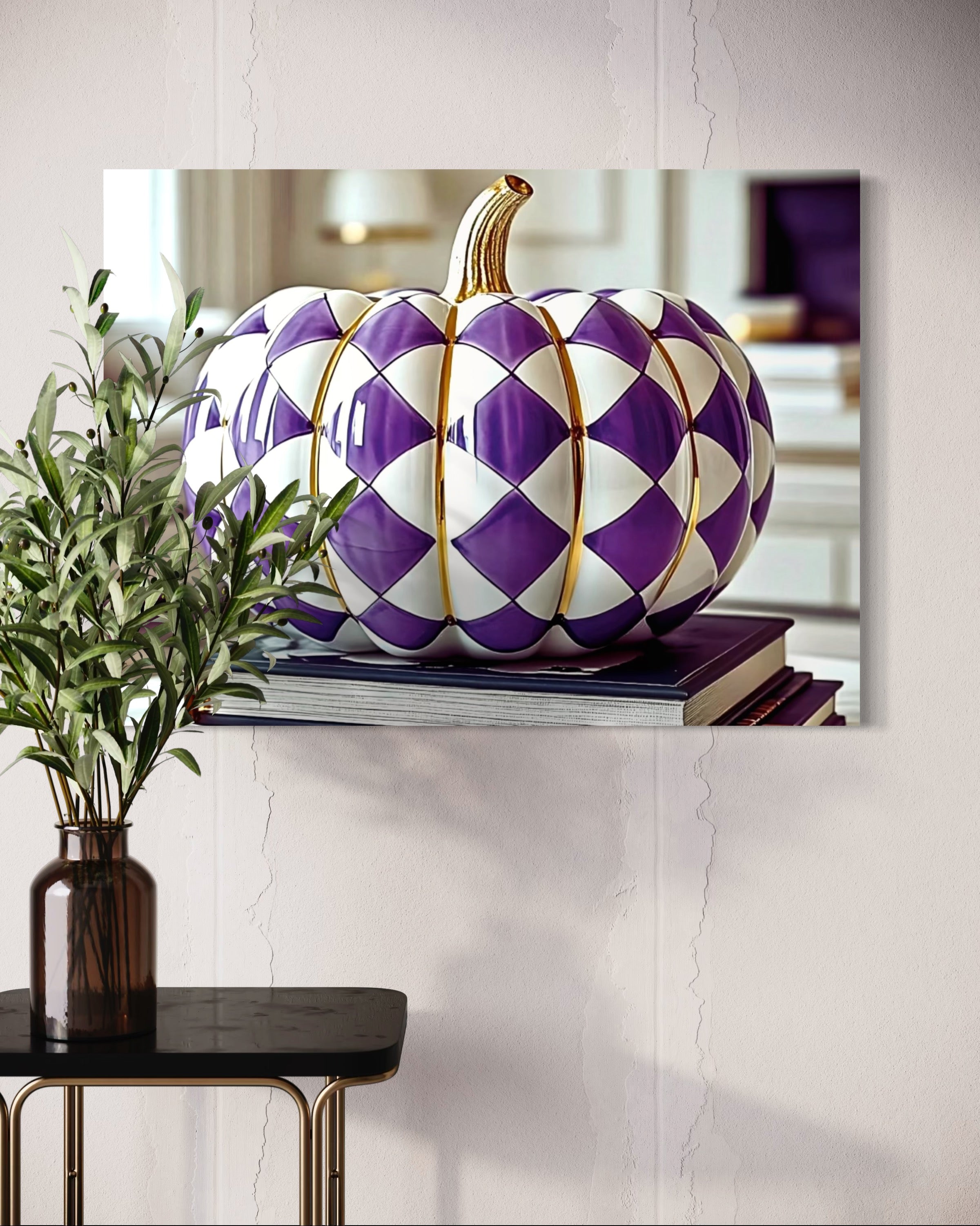 Purple and Gold Checkered Ceramic Pumpkin
