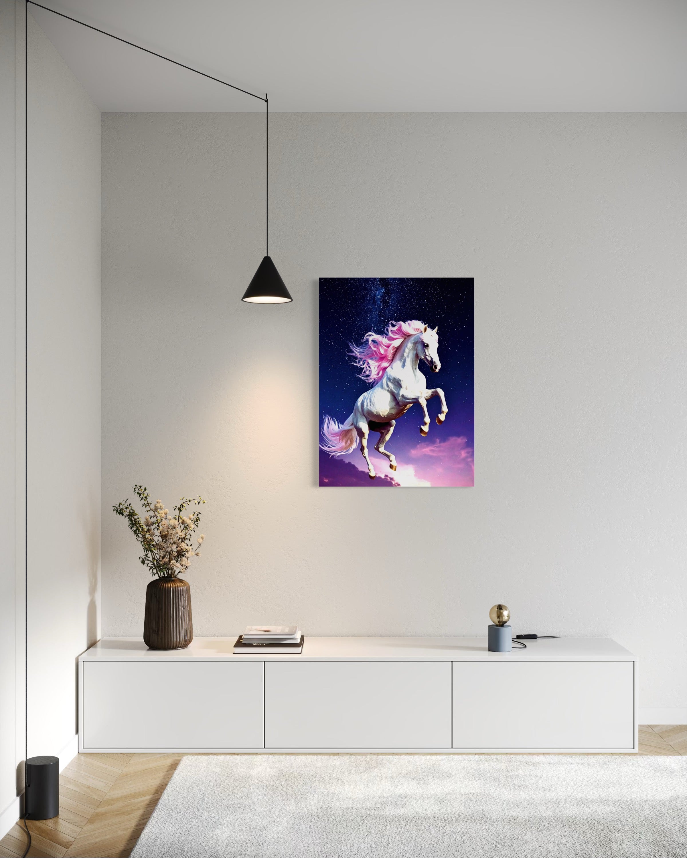 Jumping White Horse with Pink Hair