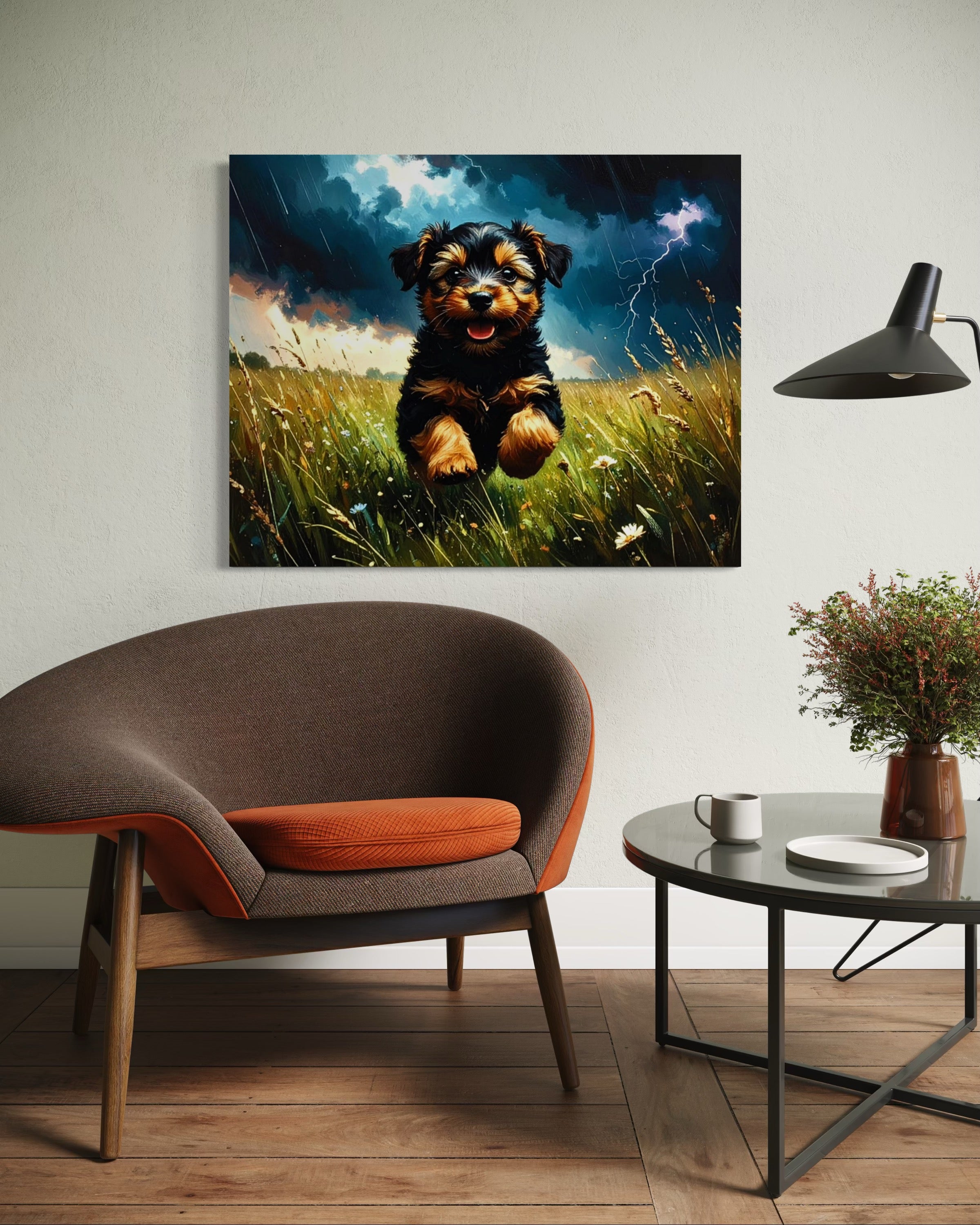 Yorkie in a Stormy Meadow