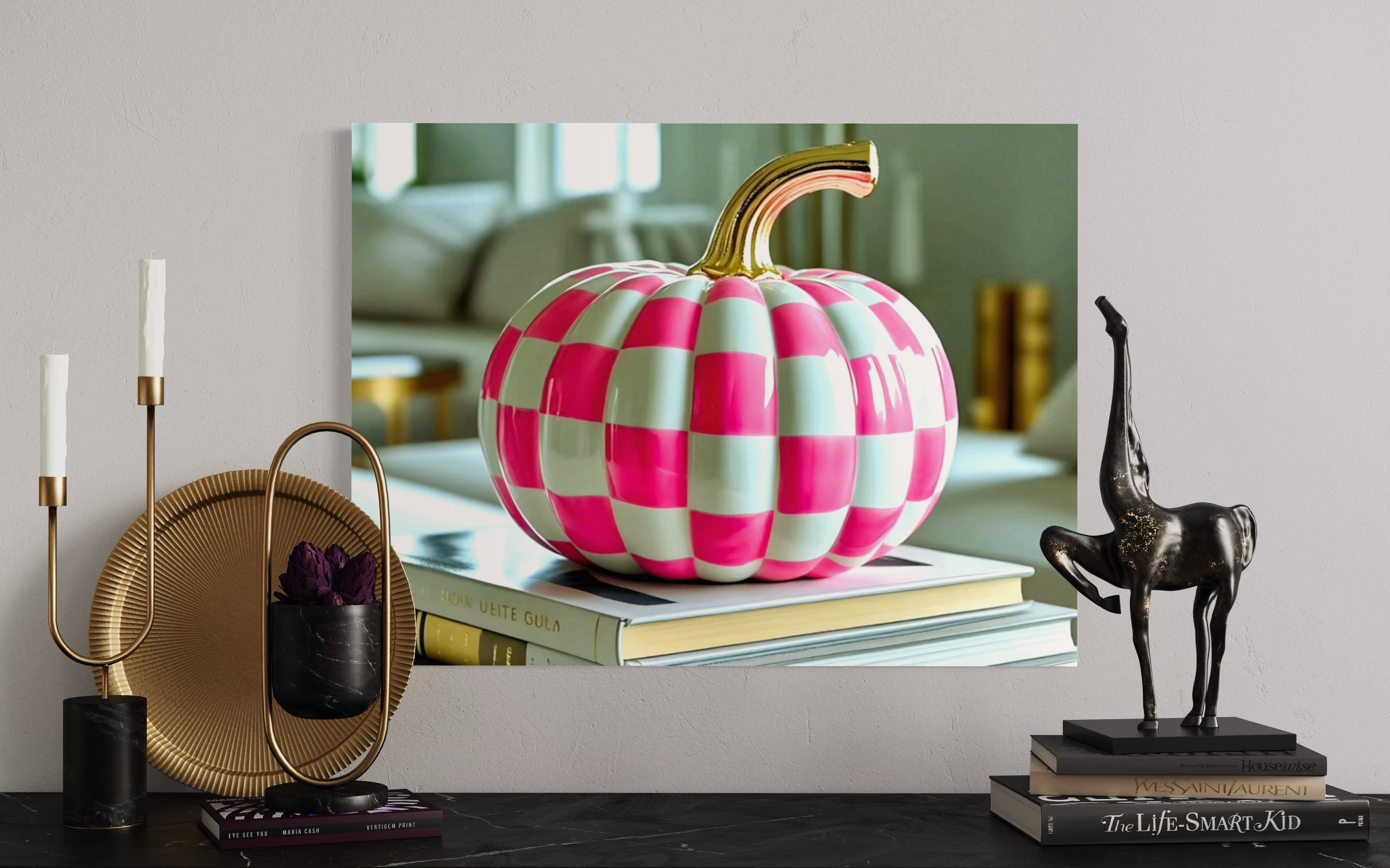 Pink and White Checkered Gold Stem Ceramic Pumpkin