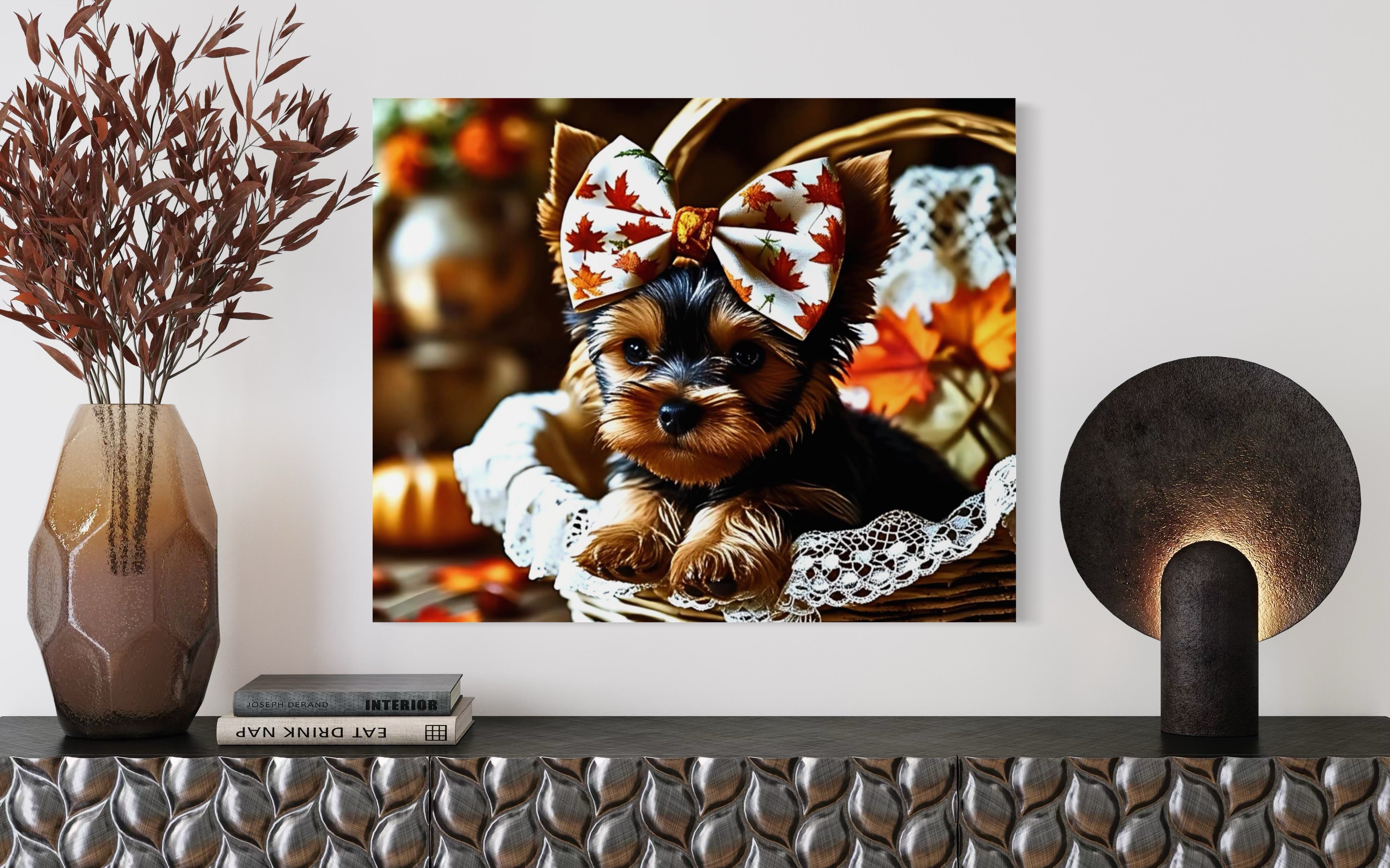 Autumn Yorkie Puppy Girl with Bow in Basket