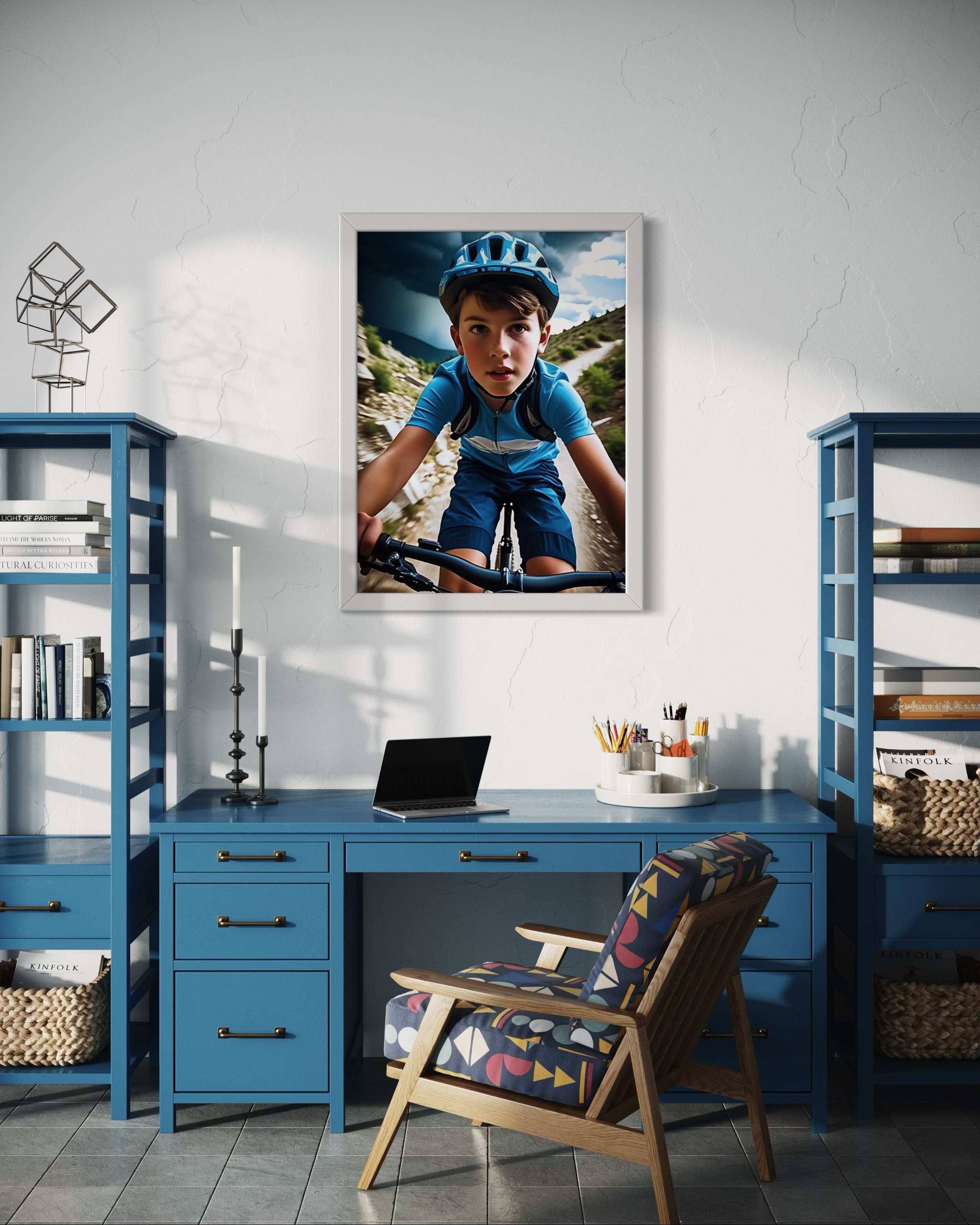 Boy Mountain Biking Blue Museum Print