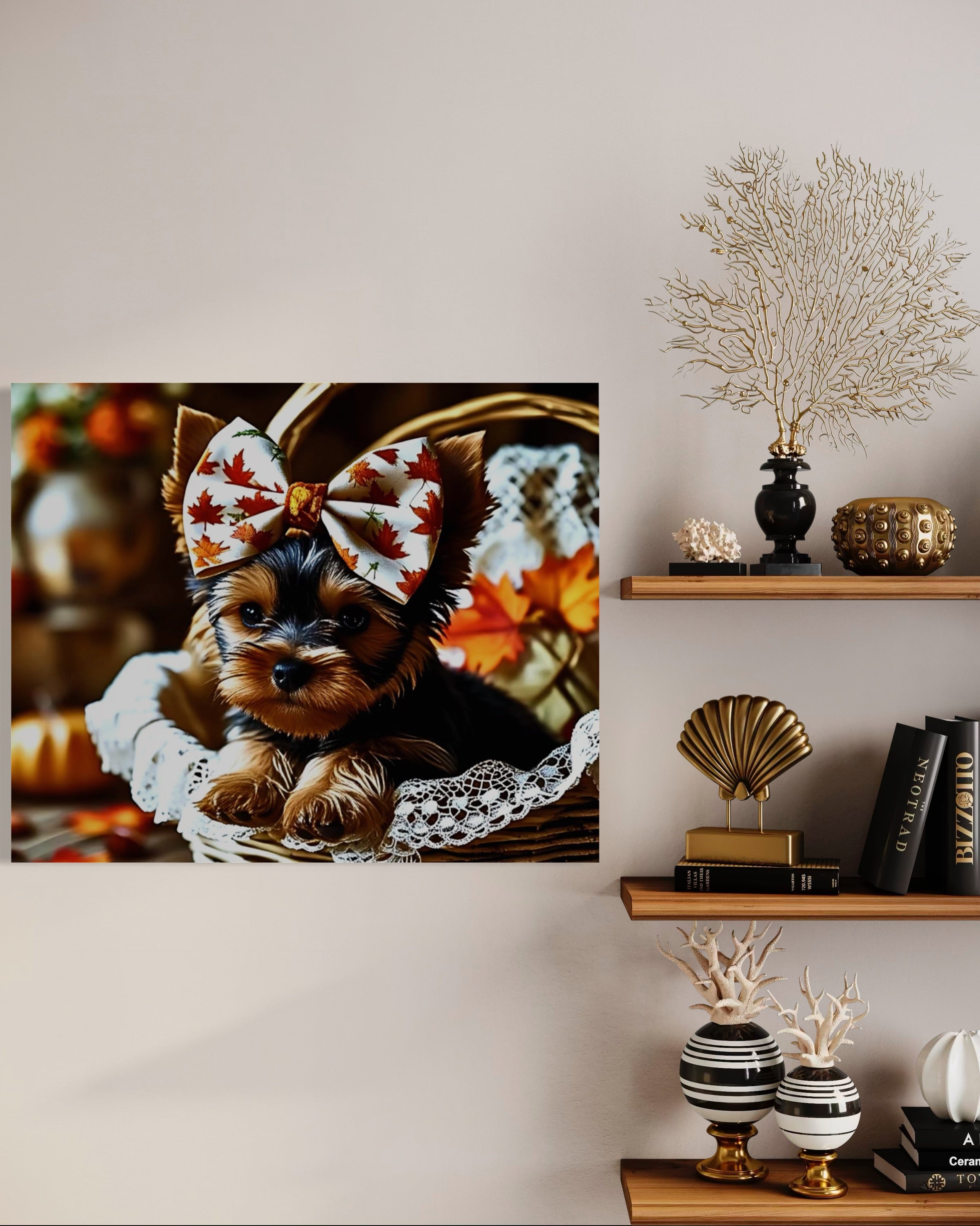 Autumn Yorkie Puppy Girl with Bow in Basket