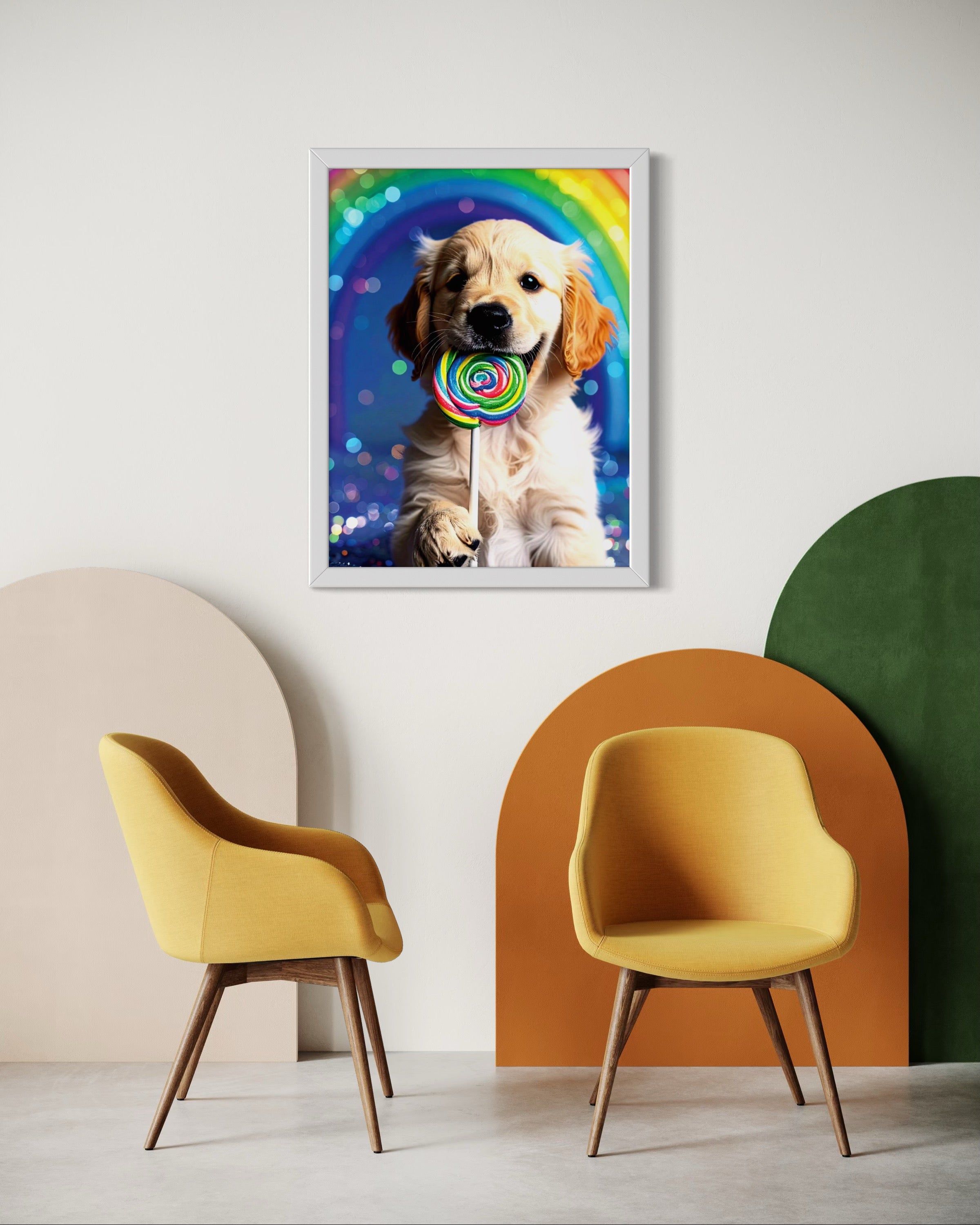 Golden Retriever Puppy with Rainbow Lollipop Museum Print