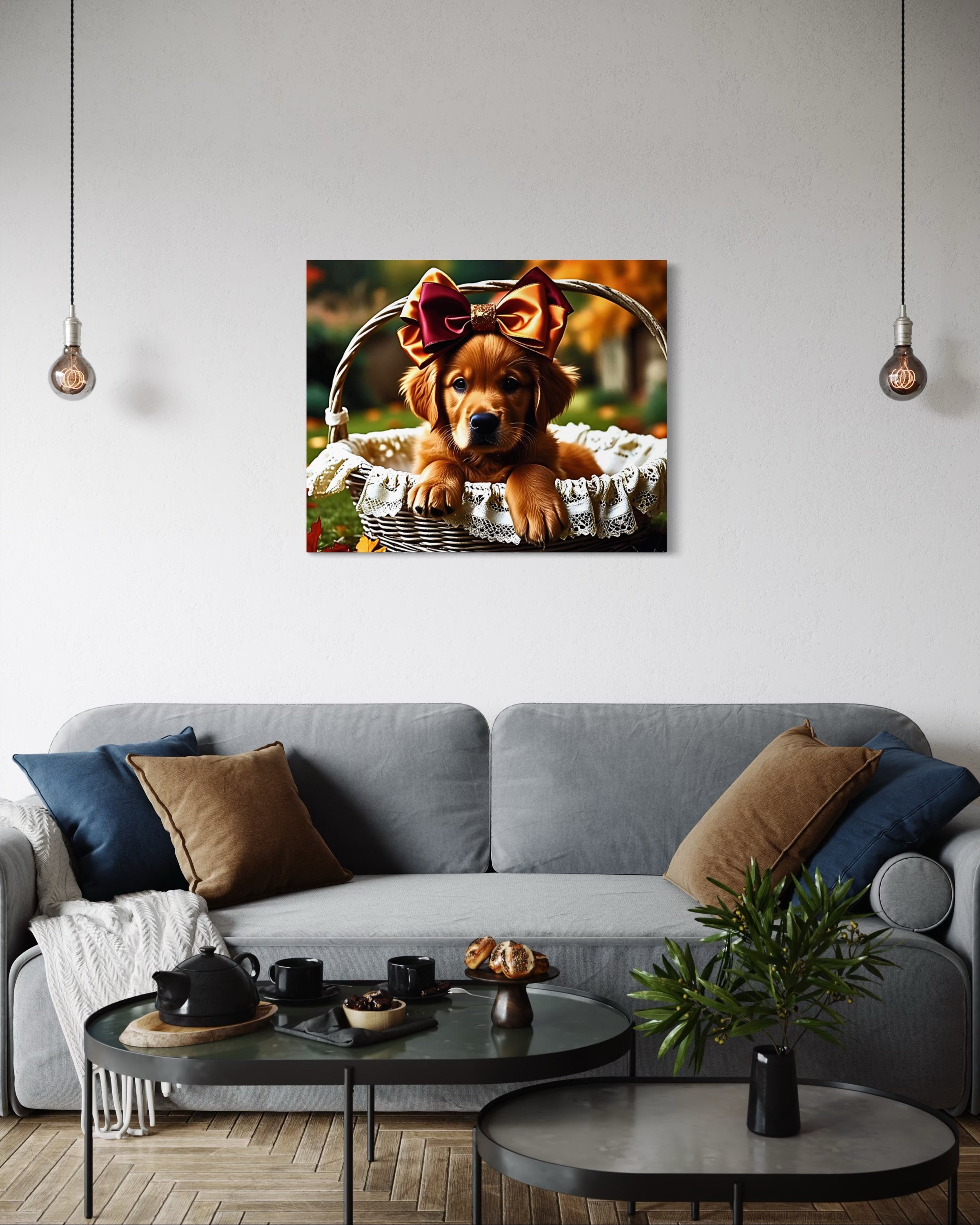 Autumn Golden Retriever Girl Puppy with a bow in a Basket