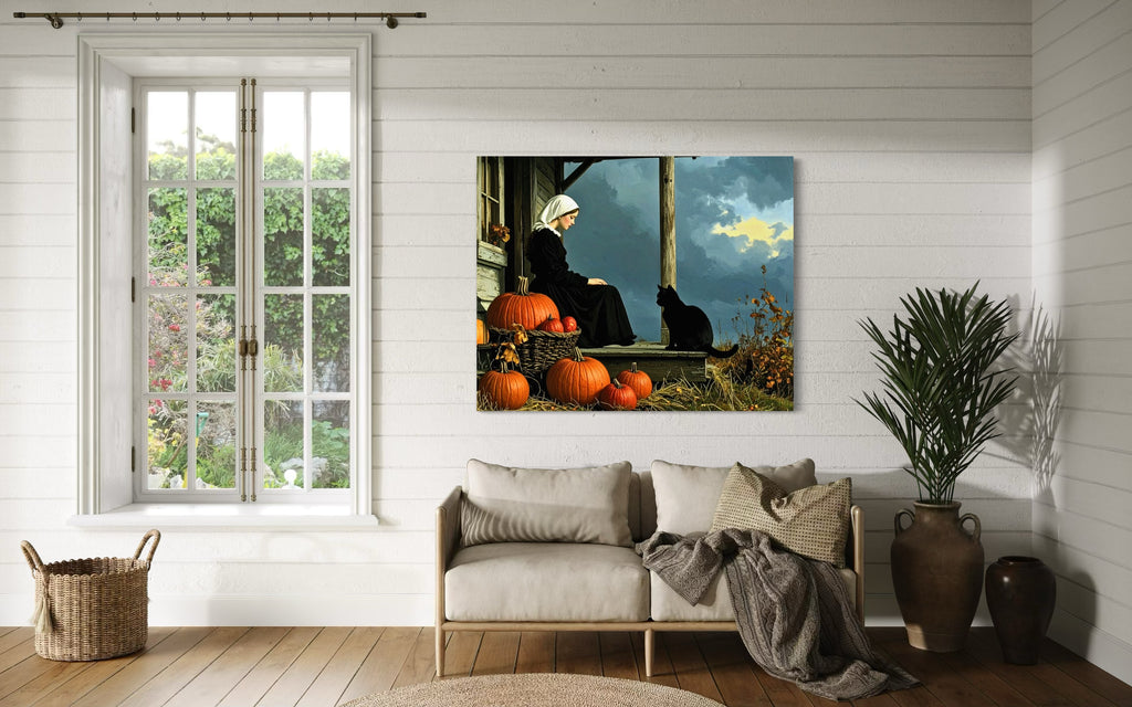 Pilgrim Girl with Cat and Pumpkins