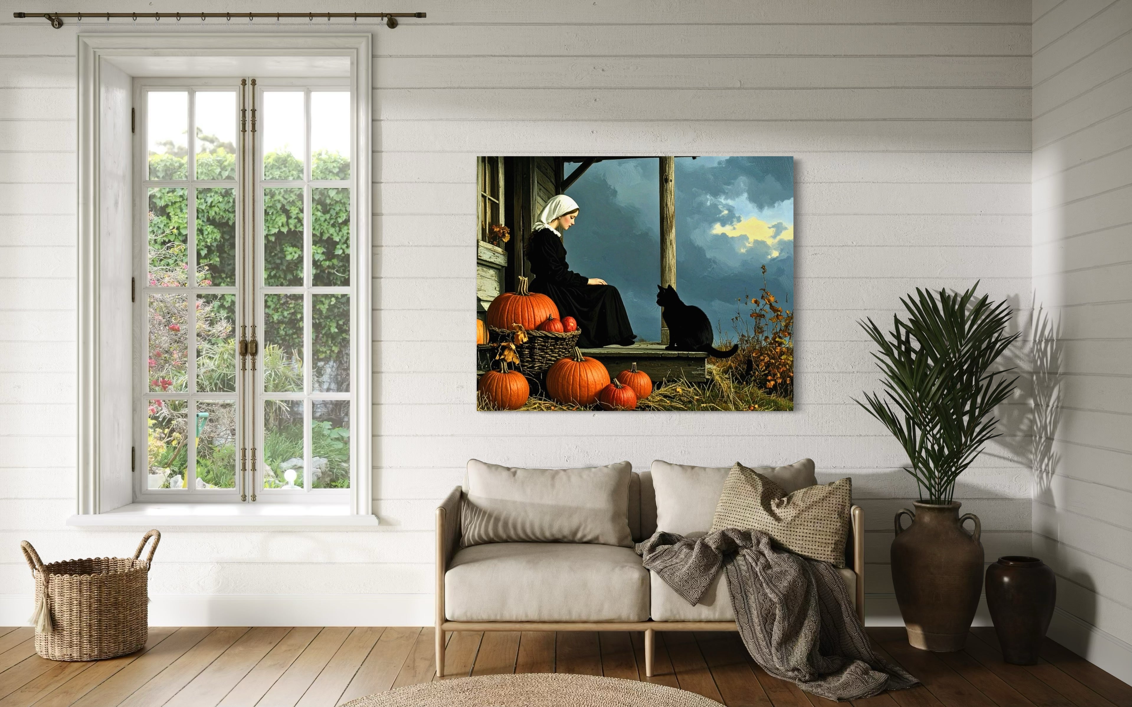 Pilgrim Girl with Cat and Pumpkins