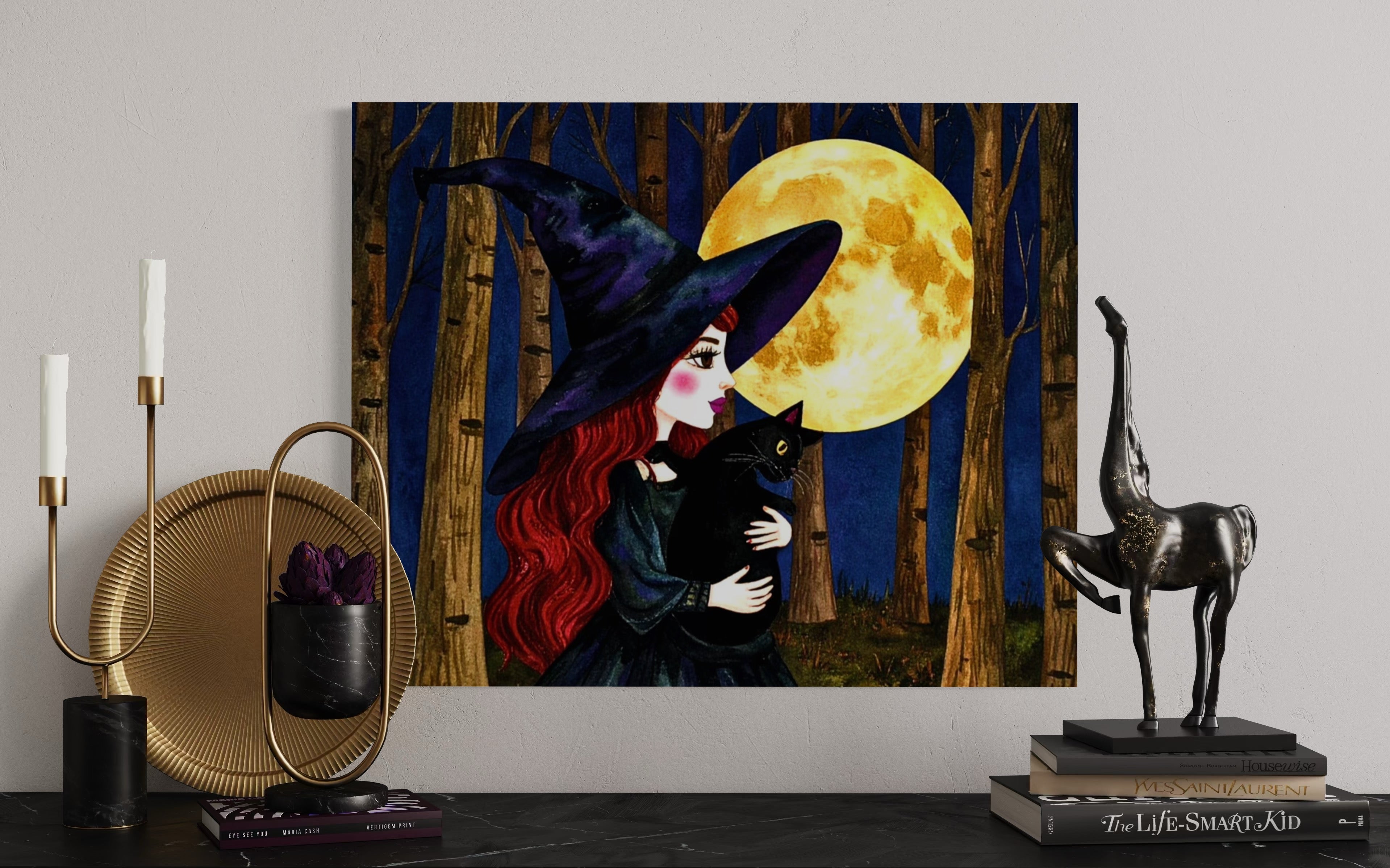 Red Witch with Cat in Moonlight
