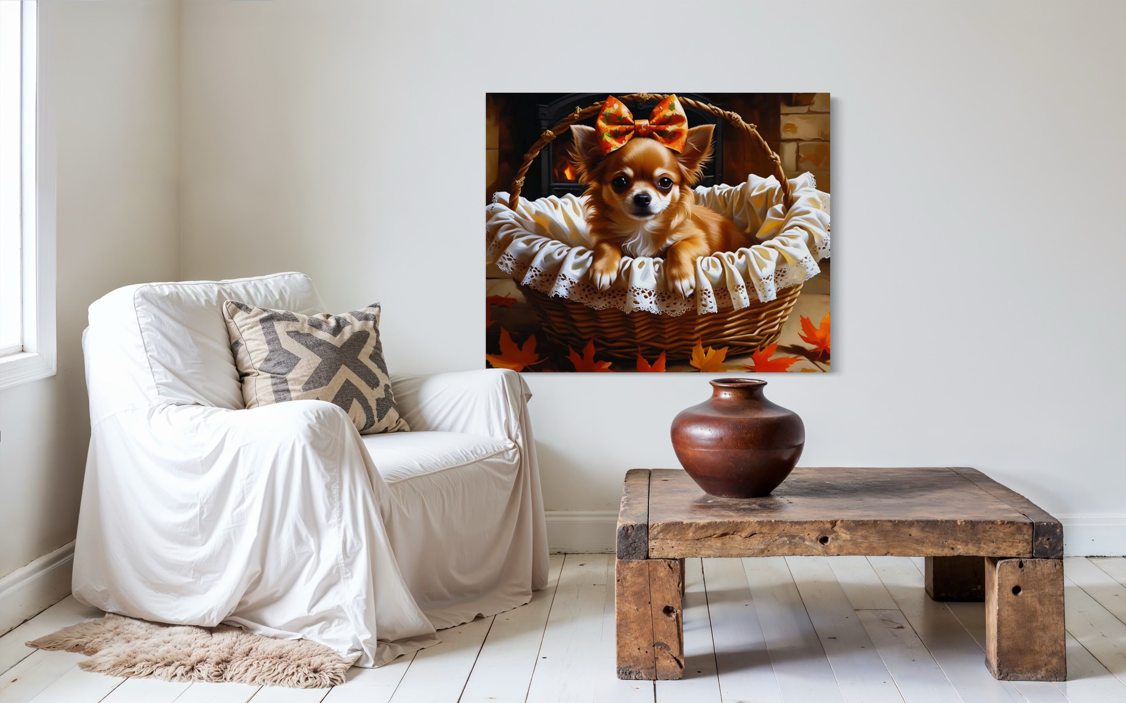 Autumn Chihuahua with Bow in Basket
