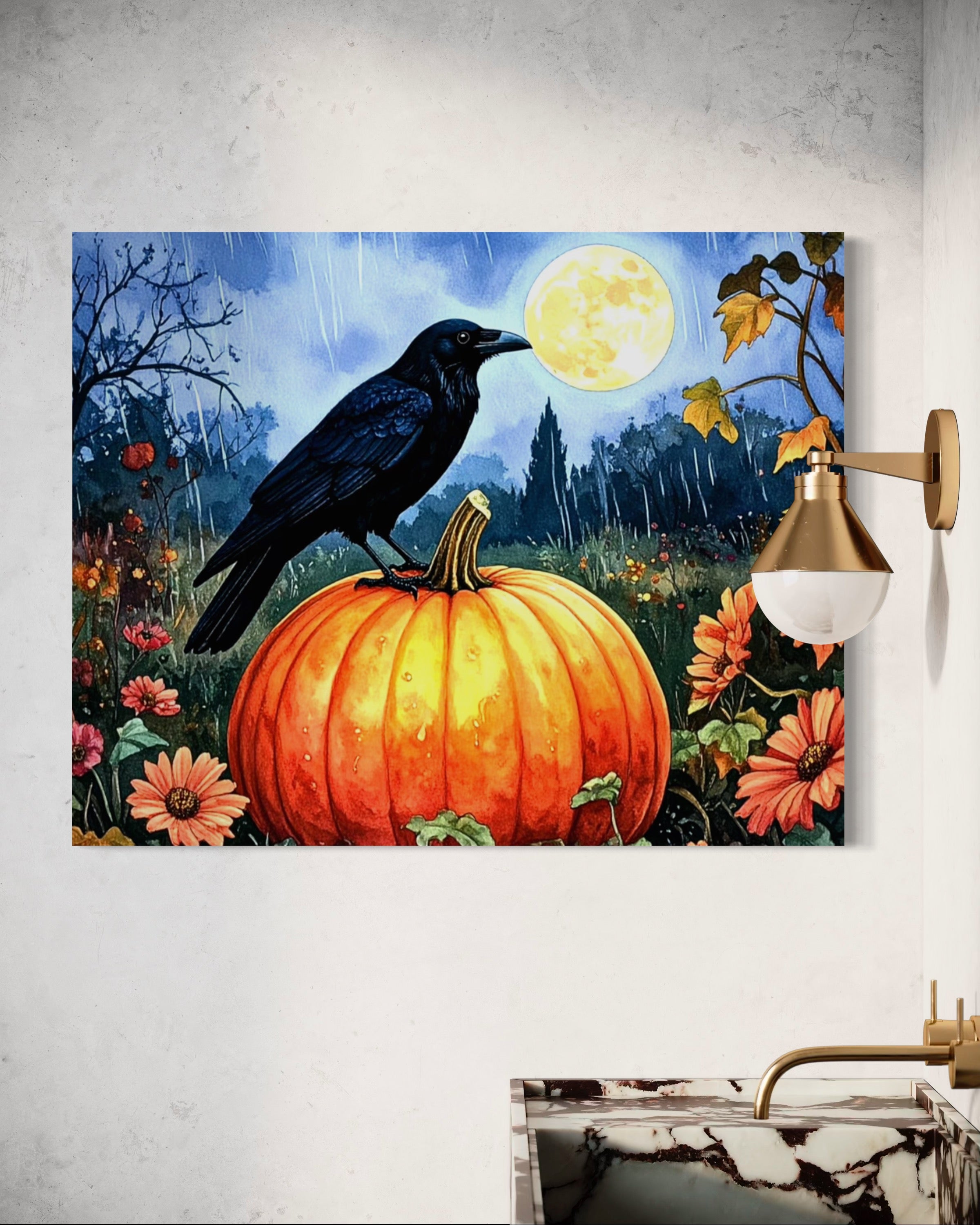 Crow on Pumpkin in Rain