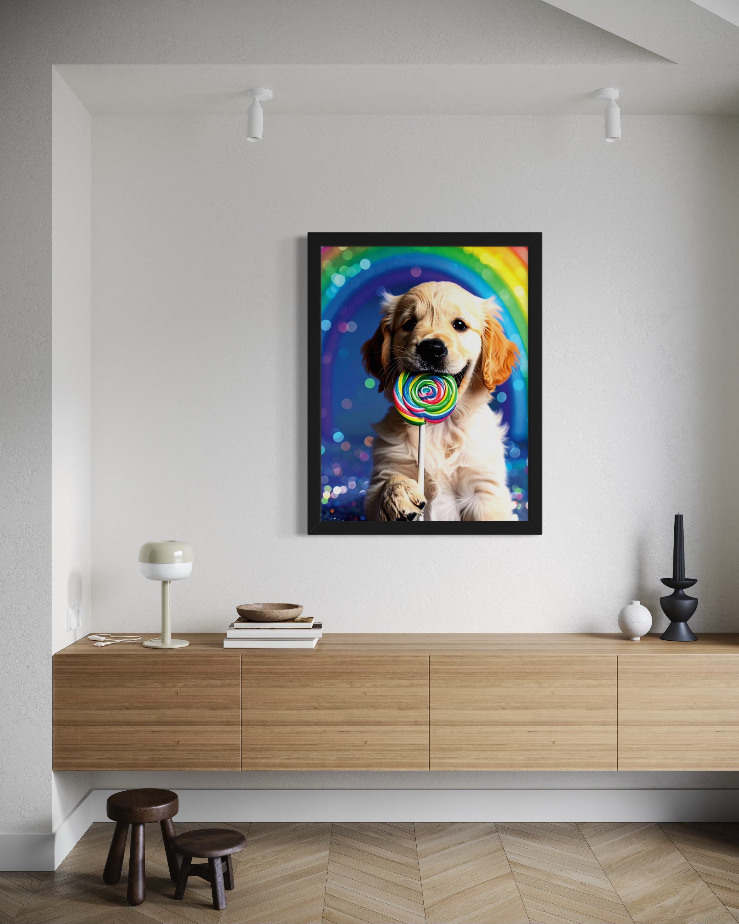 Golden Retriever Puppy with Rainbow Lollipop Museum Print