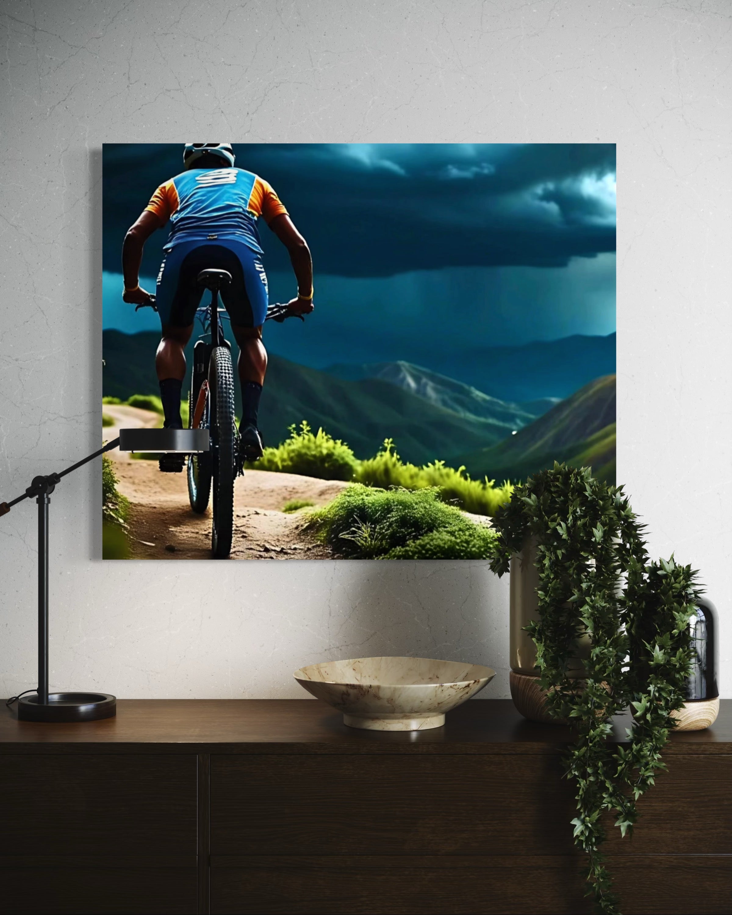 Men Mountain Biking into Rain Museum Print