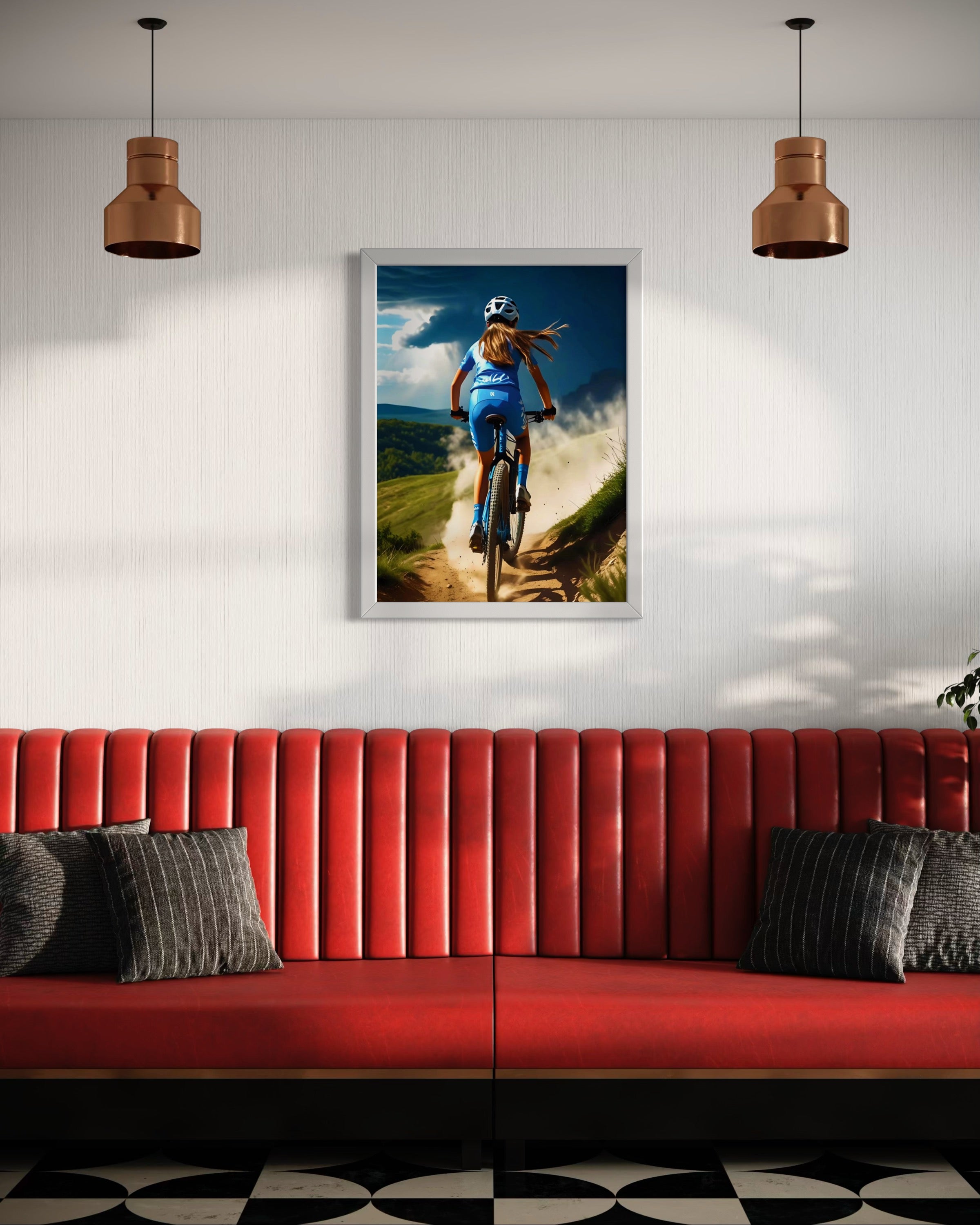 Girl Mountain Biking Blue Museum Print