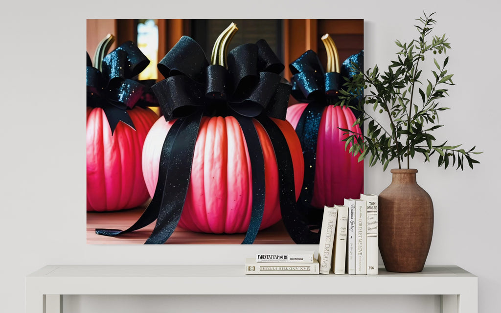 Pink Porch Pumpkins with Black Glittering and Velvet Bows