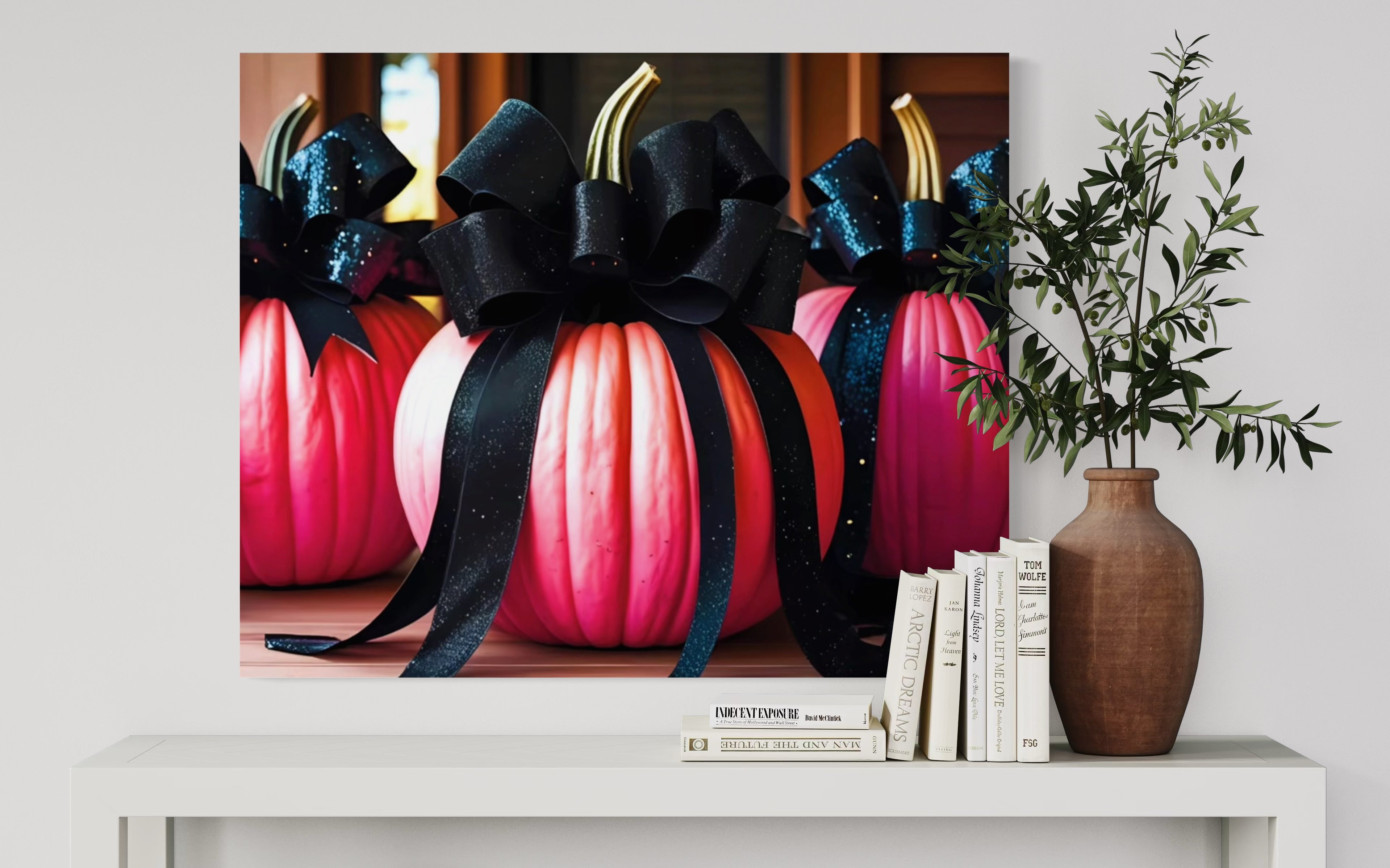 Pink Porch Pumpkins with Black Glittering and Velvet Bows