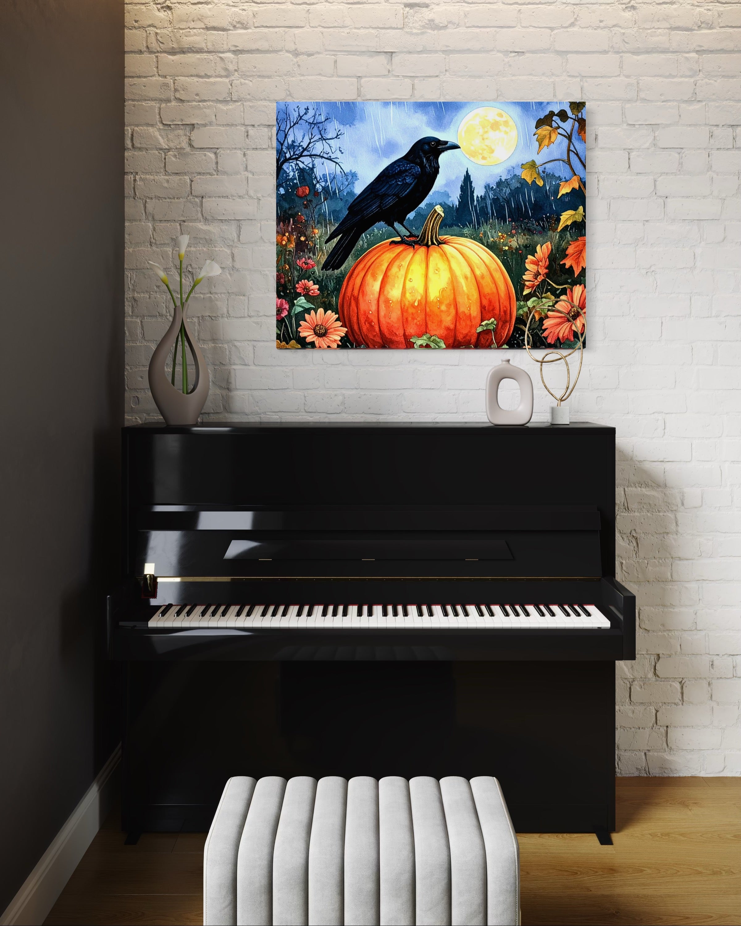 Crow on Pumpkin in Rain