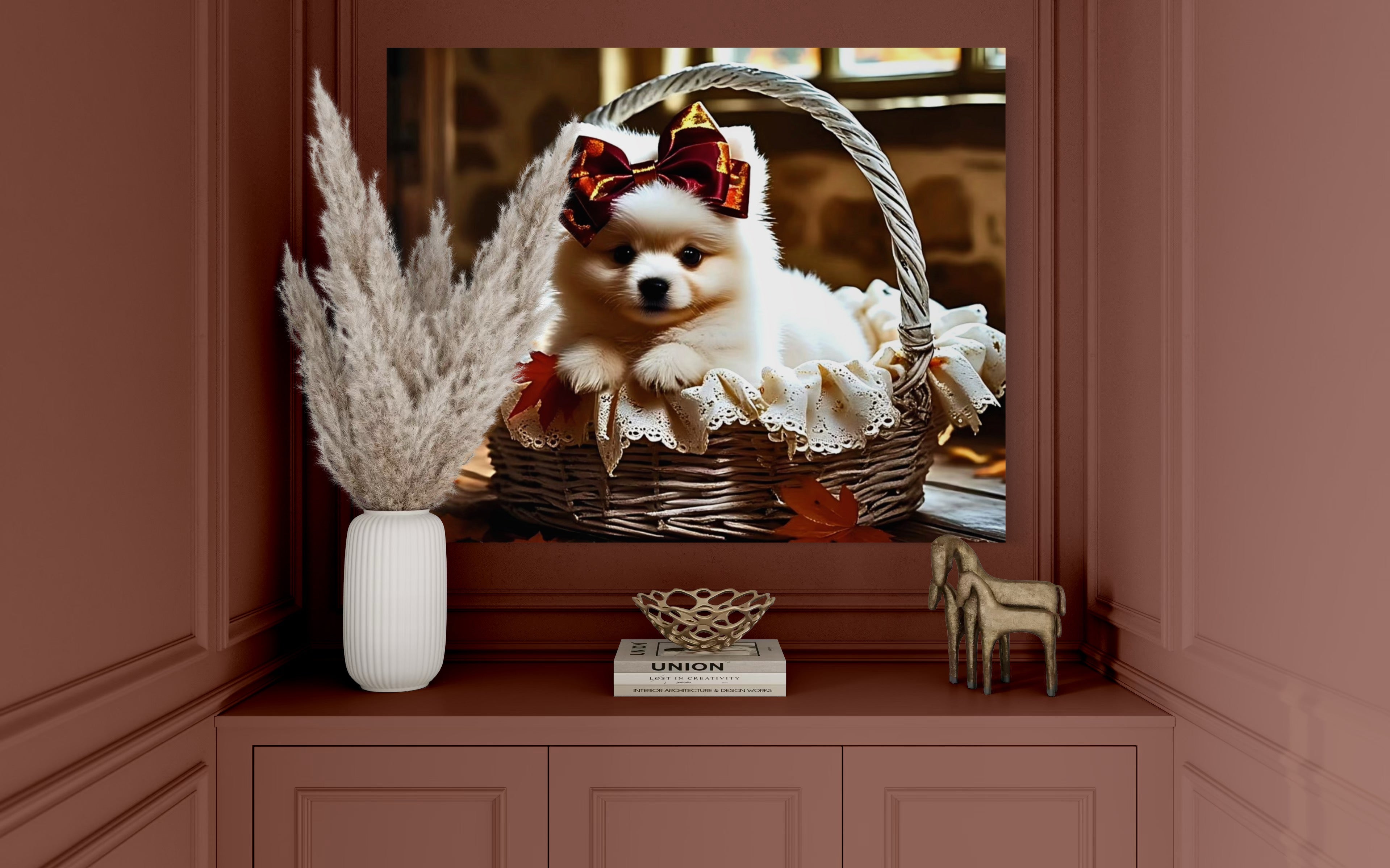 Autumn Pomeranian Puppy Girl with Bow in Basket