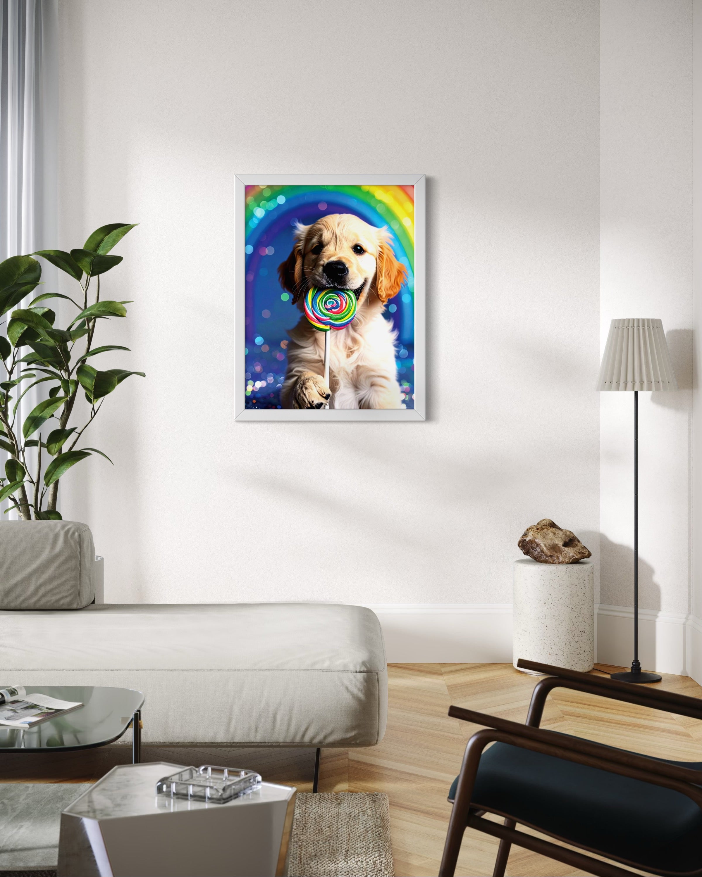 Golden Retriever Puppy with Rainbow Lollipop Museum Print