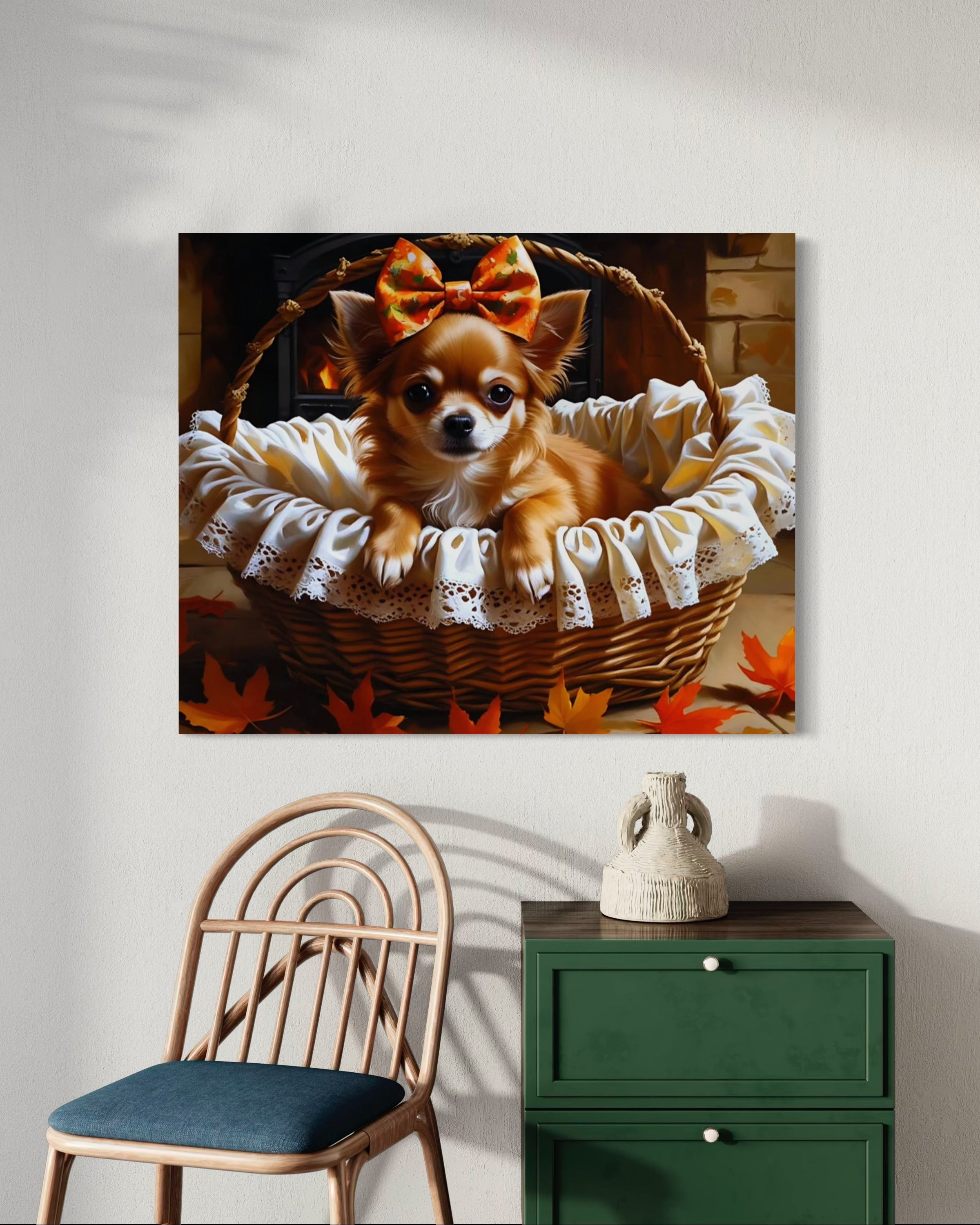 Autumn Chihuahua with Bow in Basket