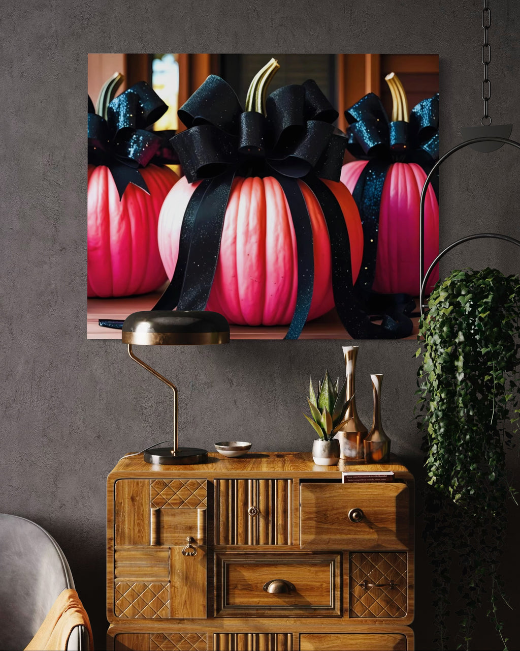 Pink Porch Pumpkins with Black Glittering and Velvet Bows