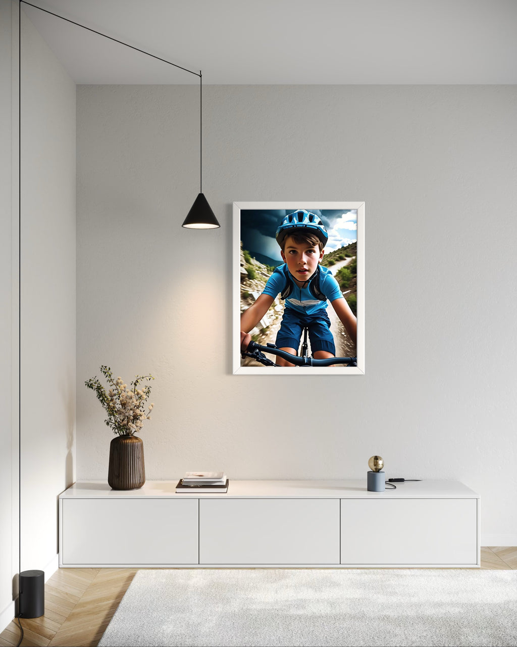 Boy Mountain Biking Blue Museum Print