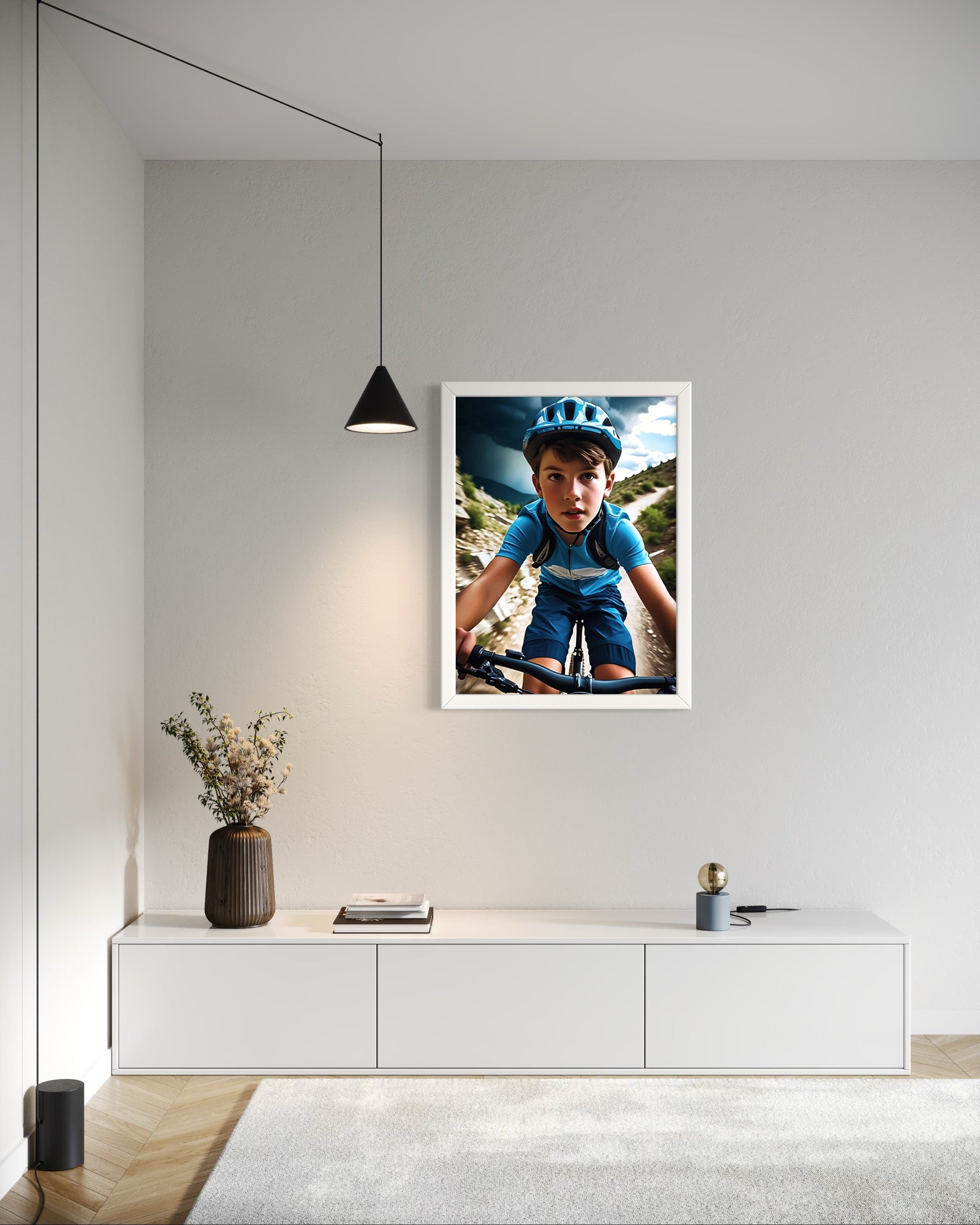 Boy Mountain Biking Blue Museum Print