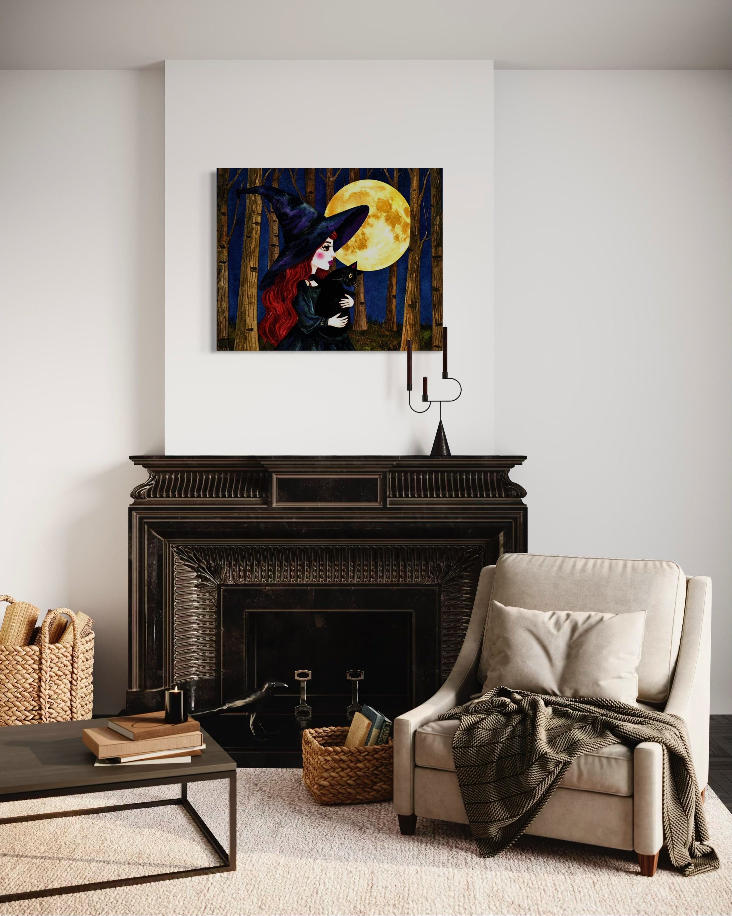 Red Witch with Cat in Moonlight