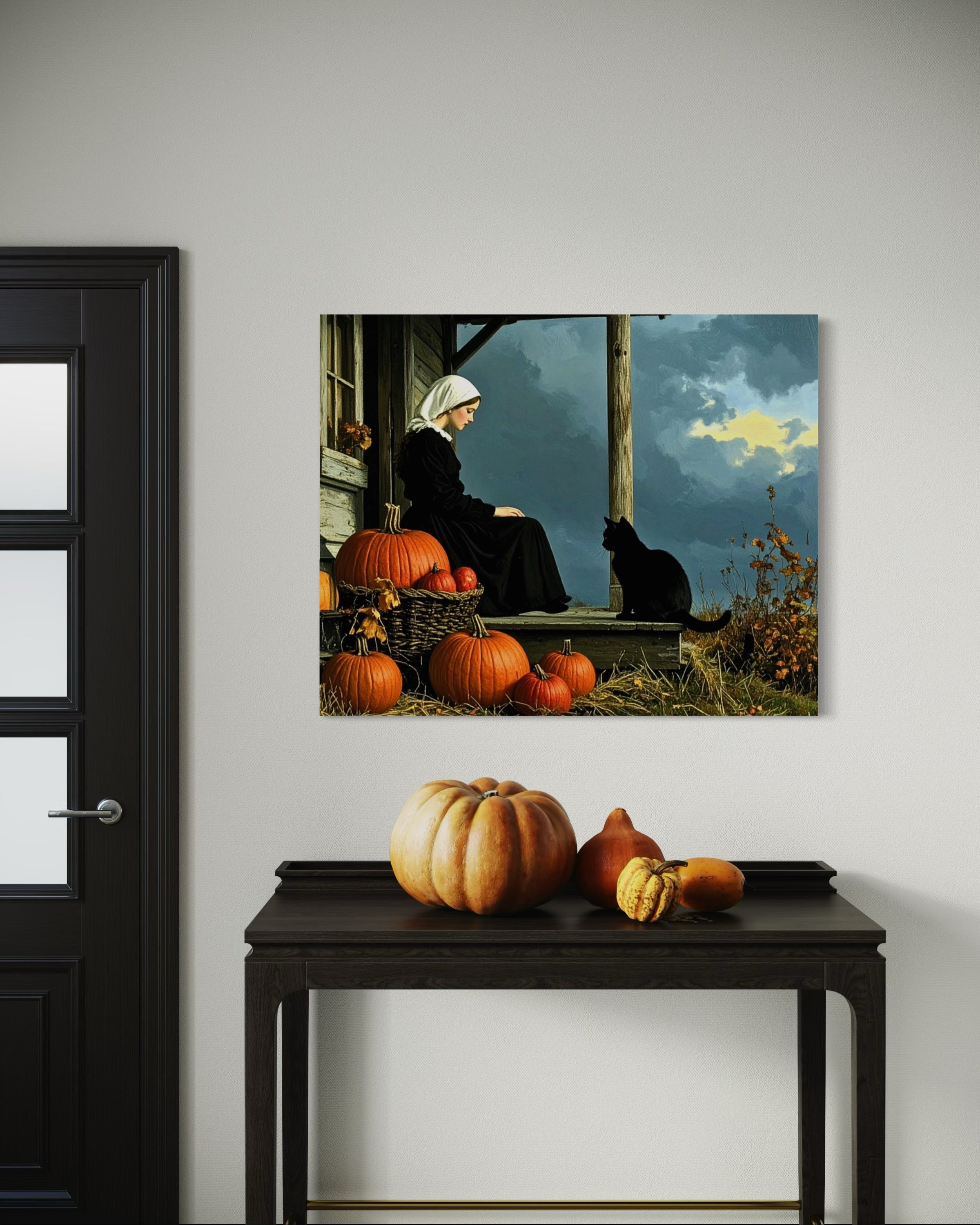 Pilgrim Girl with Cat and Pumpkins