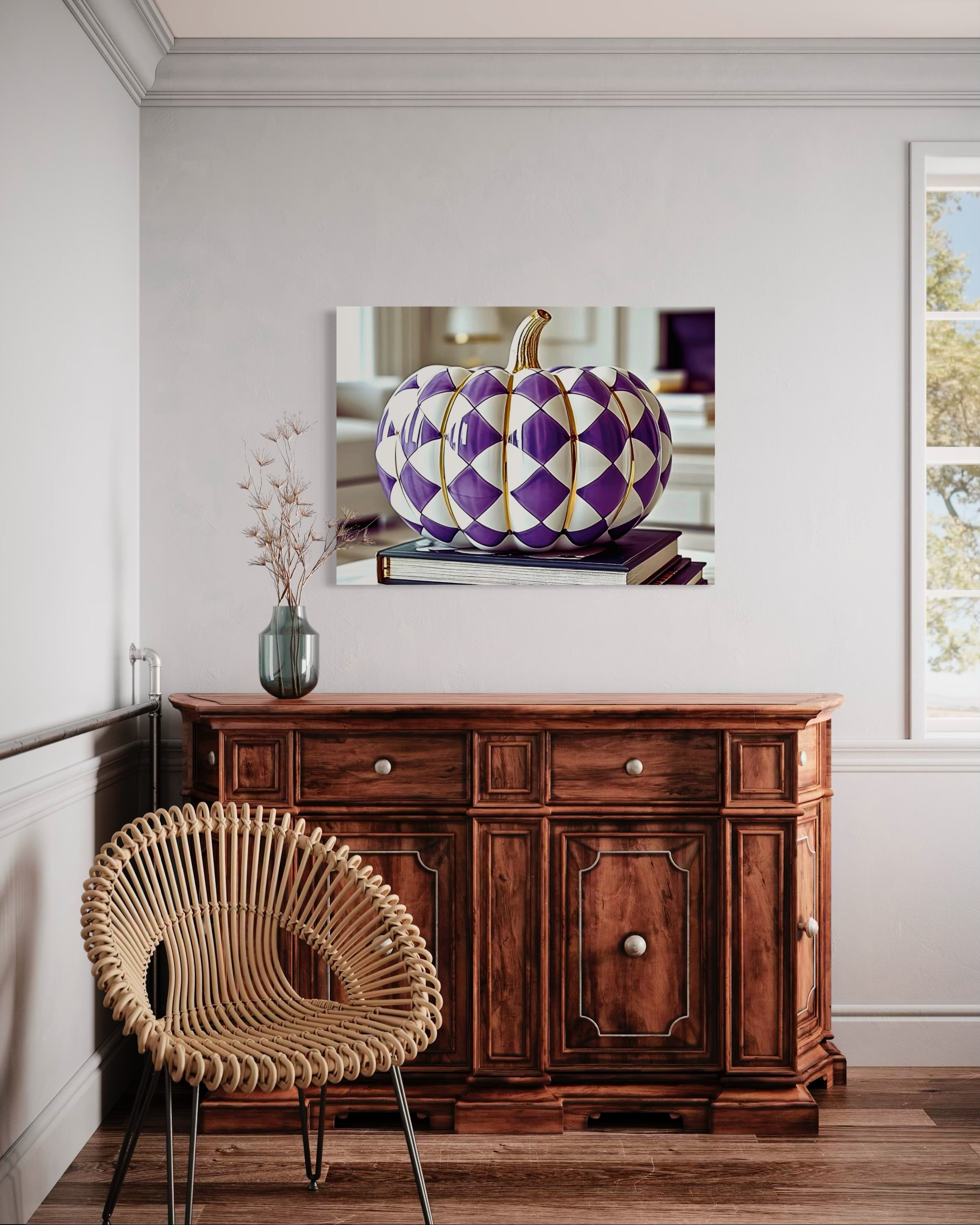 Purple and Gold Checkered Ceramic Pumpkin