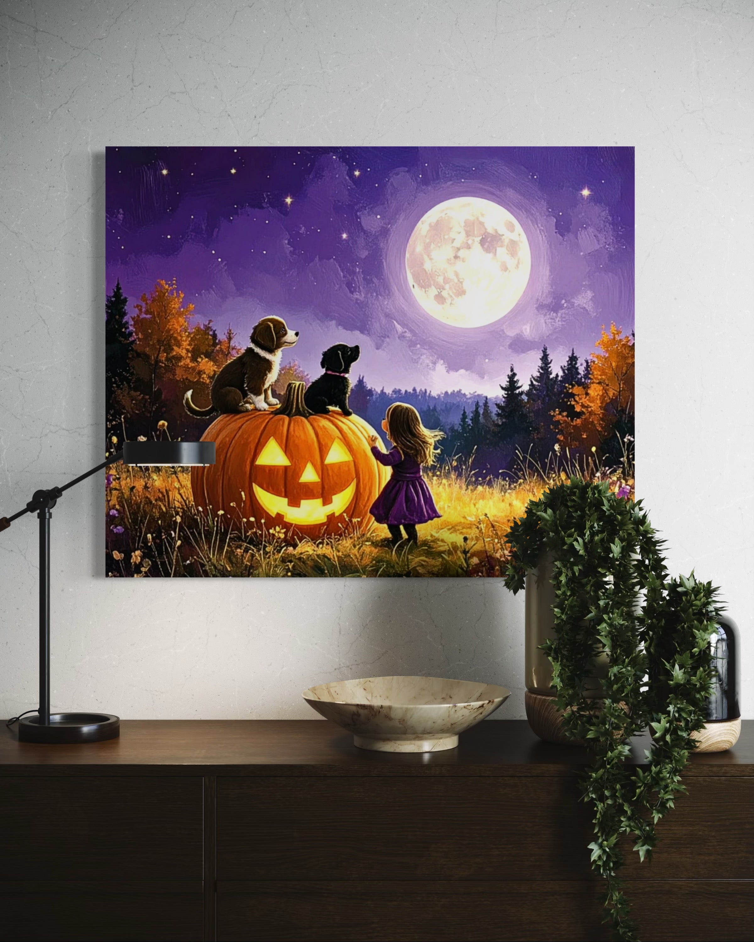 Little Girl and Puppies in the Moonlight