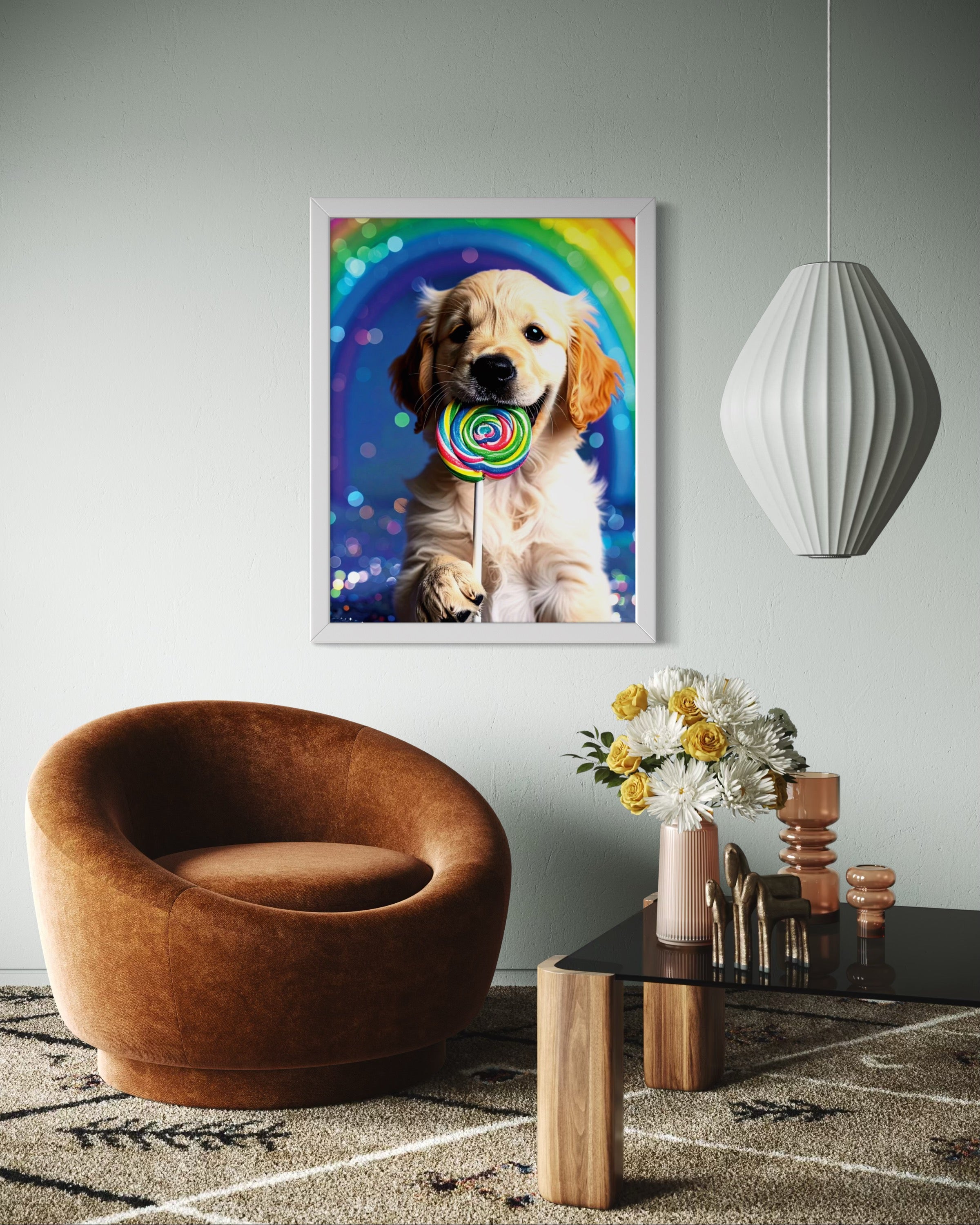 Golden Retriever Puppy with Rainbow Lollipop Museum Print