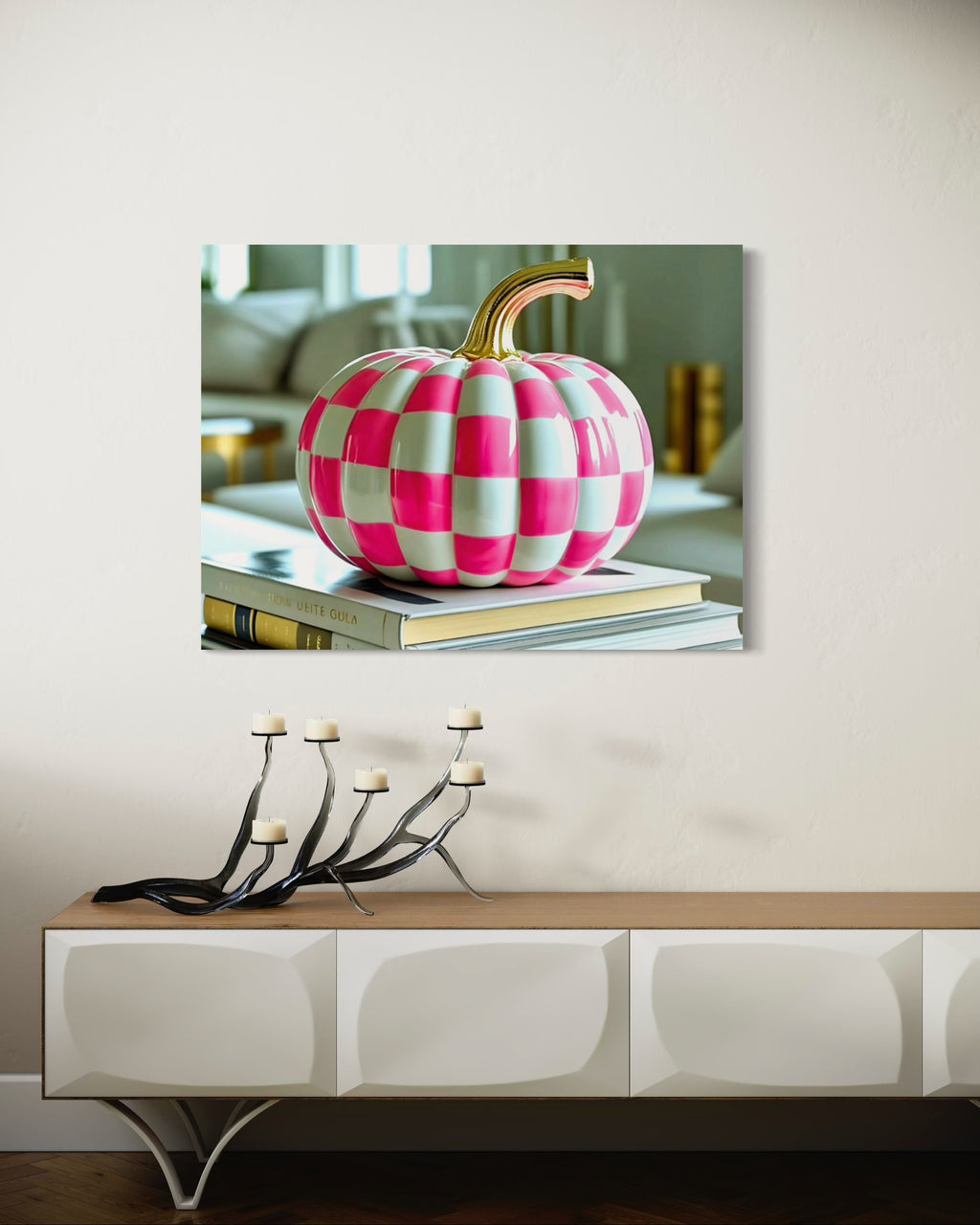 Pink and White Checkered Gold Stem Ceramic Pumpkin