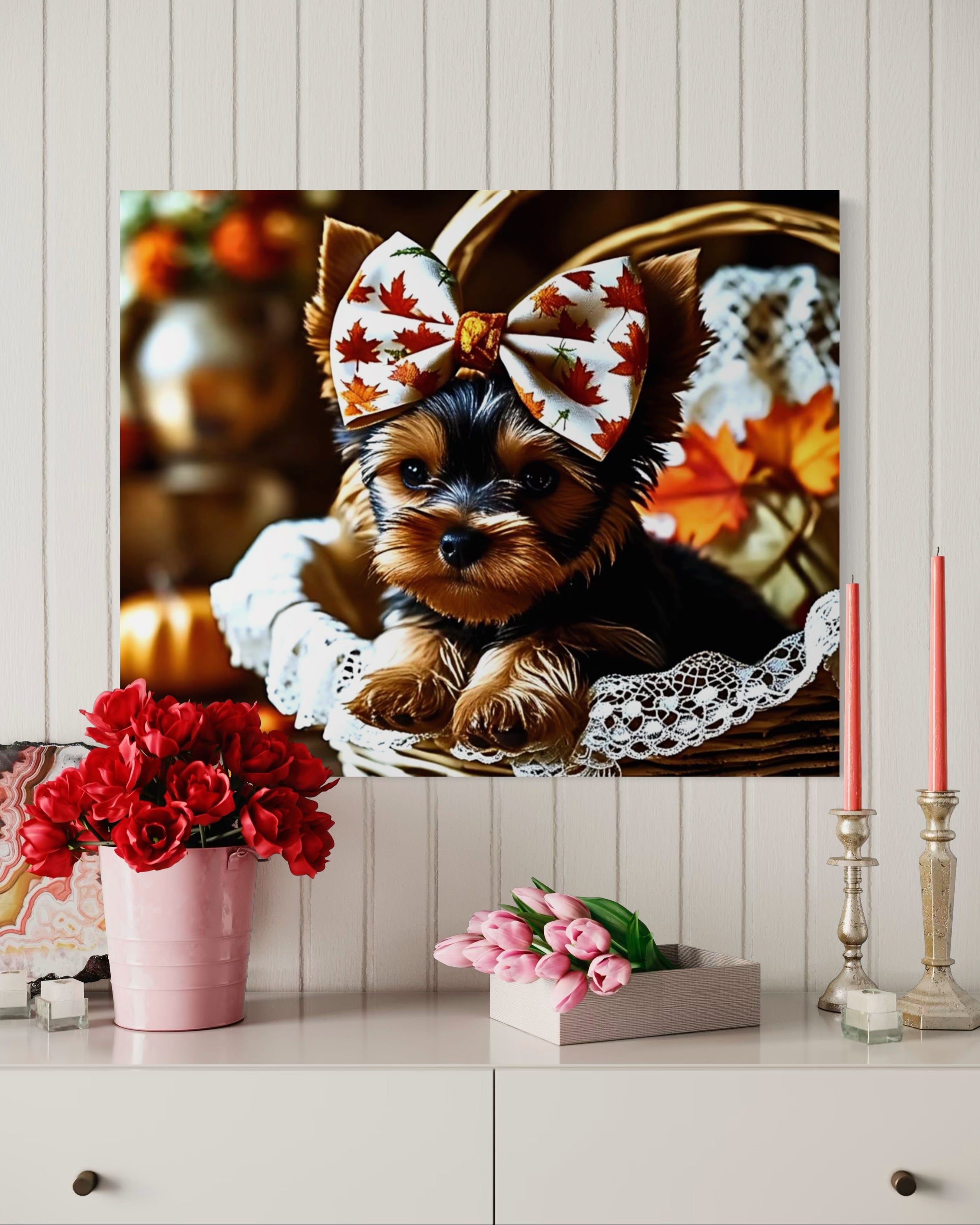 Autumn Yorkie Puppy Girl with Bow in Basket