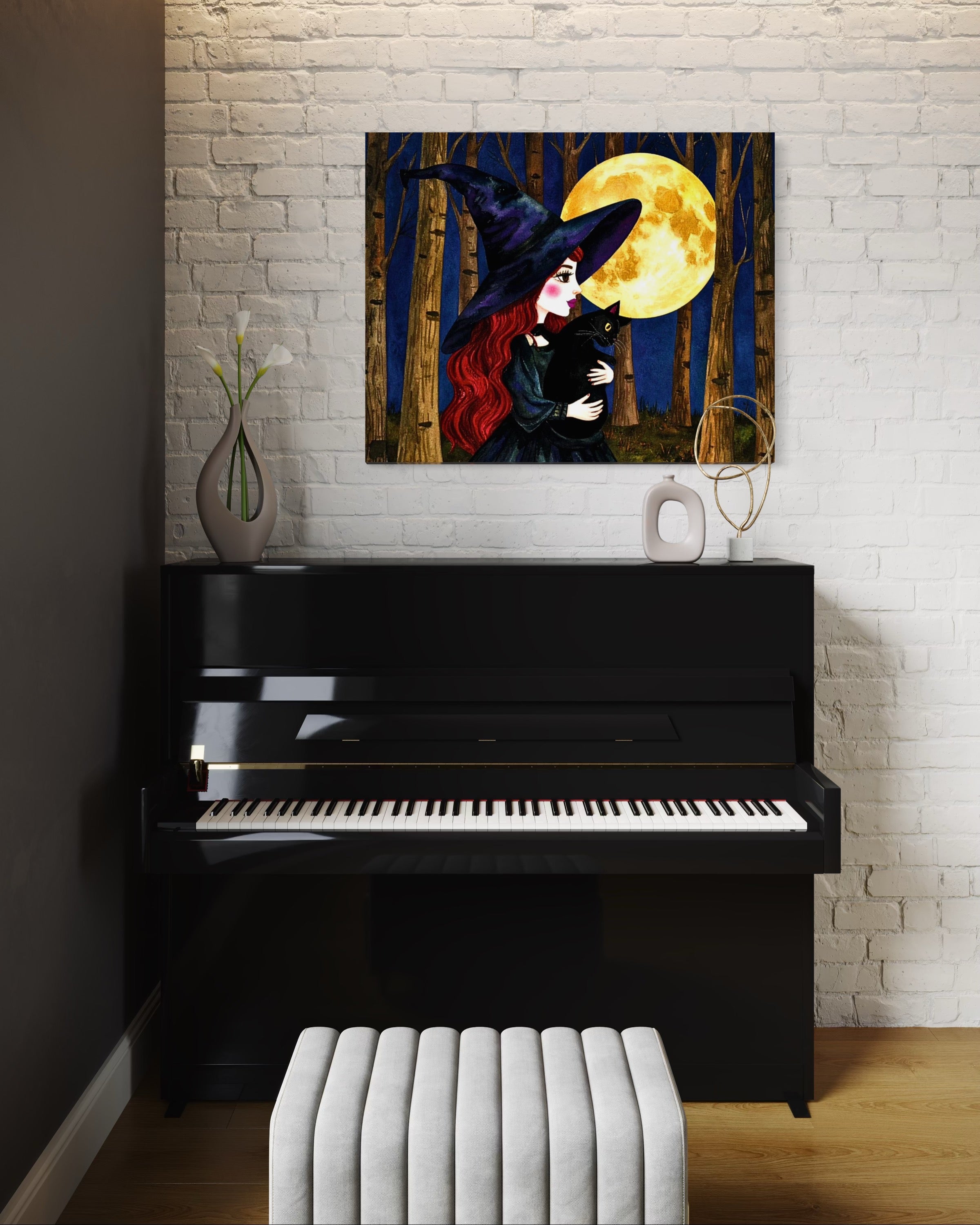 Red Witch with Cat in Moonlight