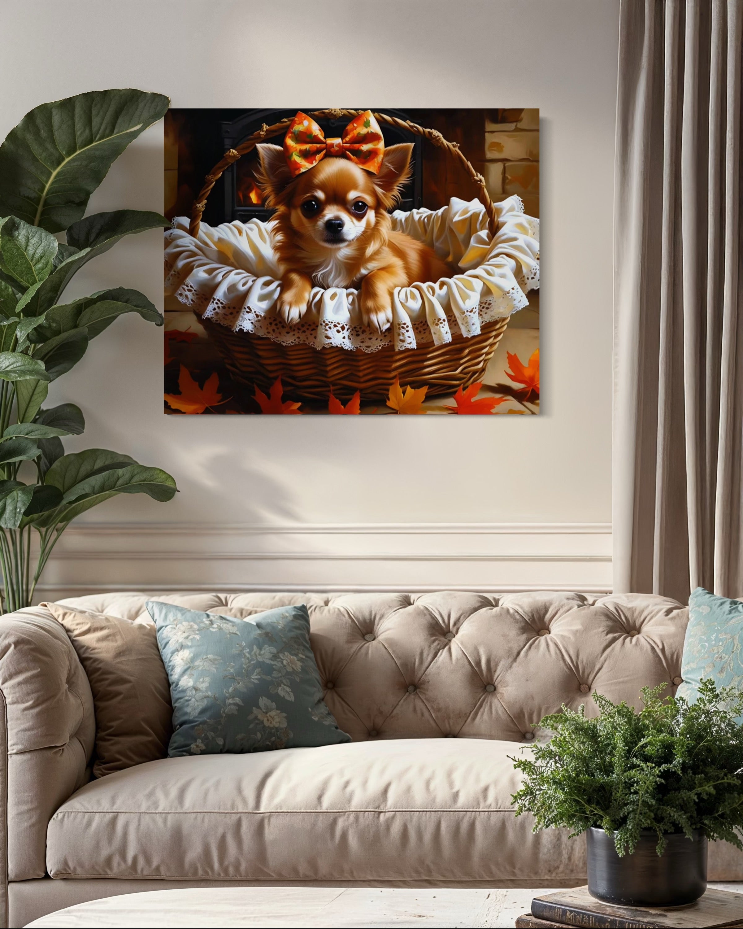 Autumn Chihuahua with Bow in Basket