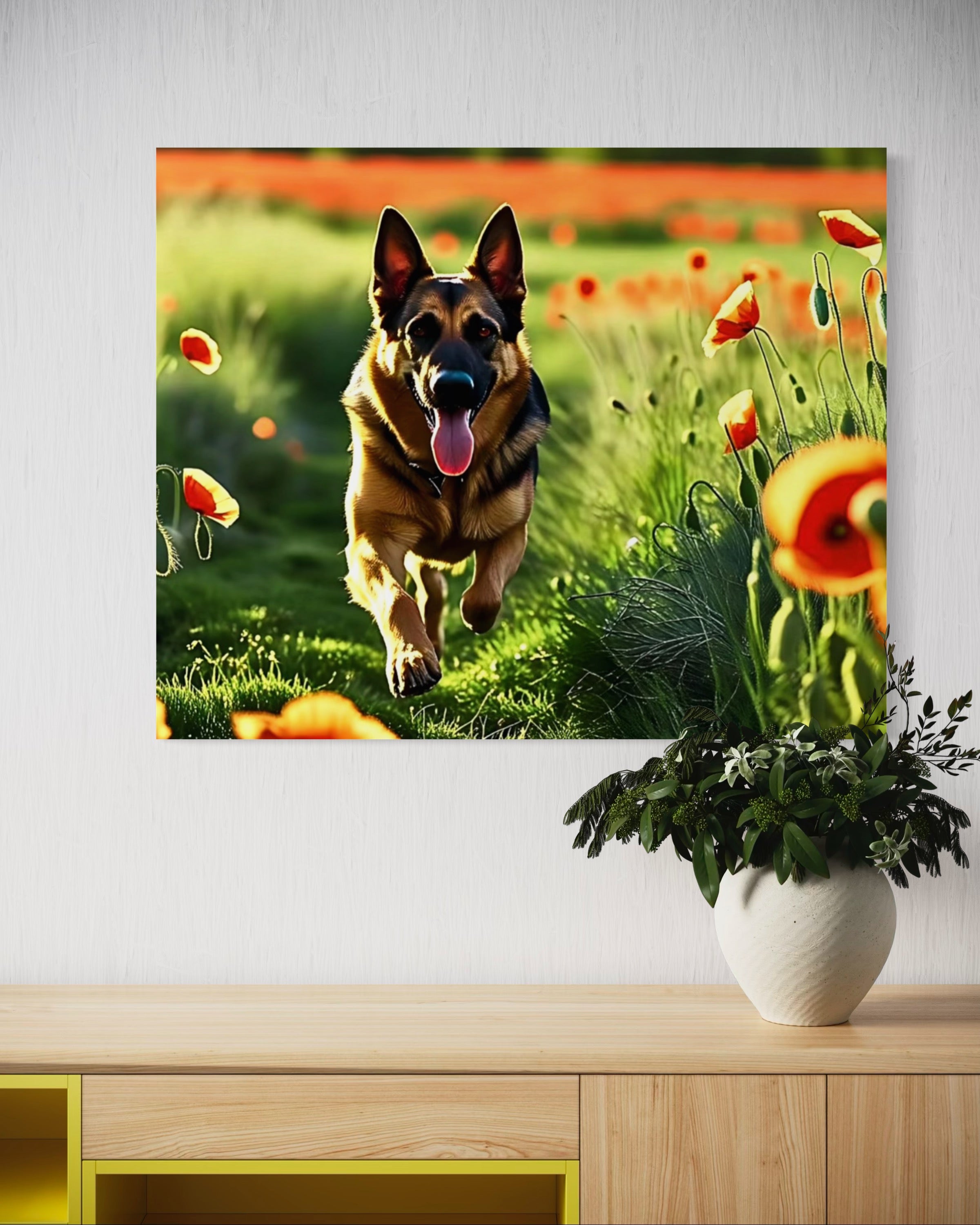 German Shephard Running in a Poppy Field