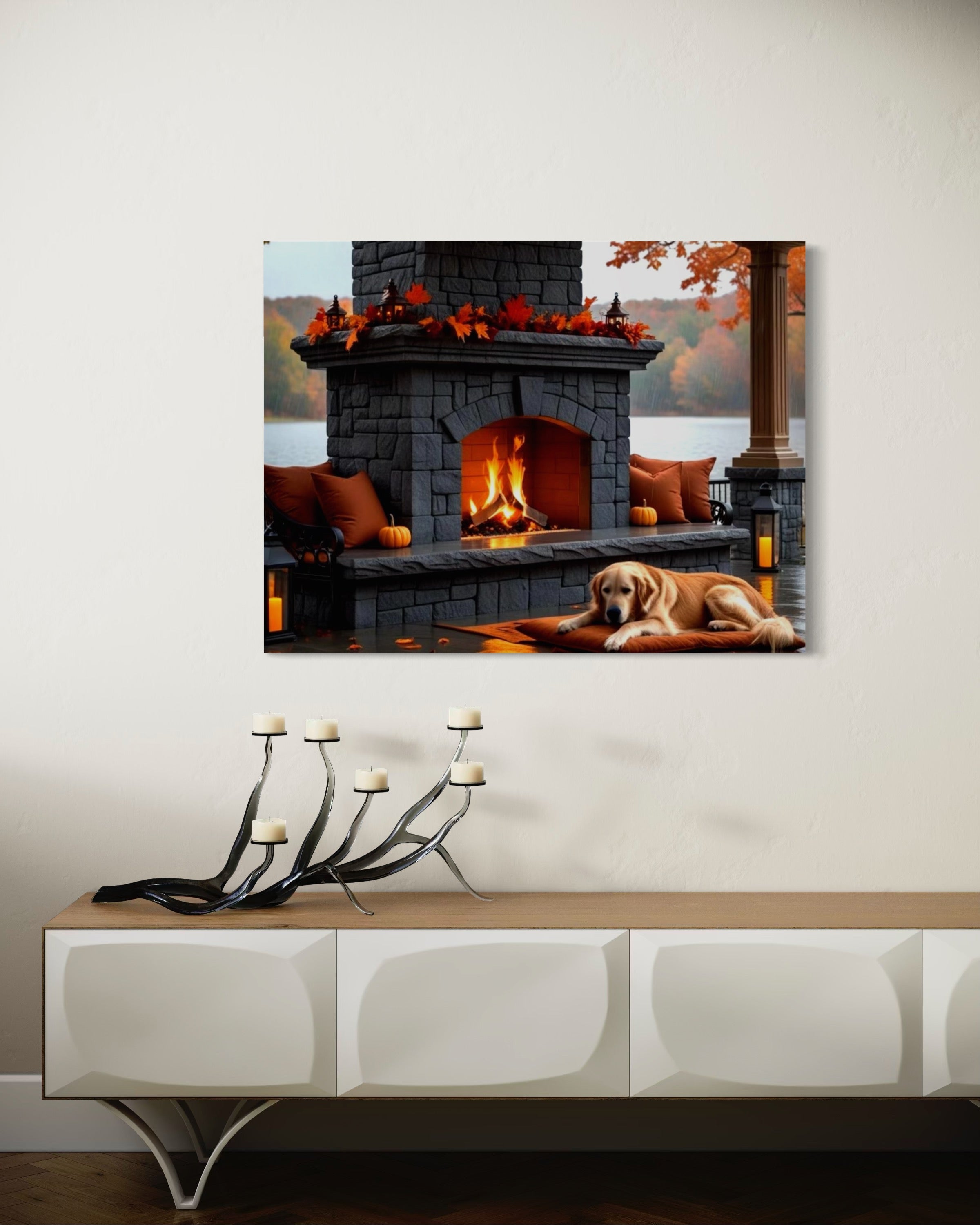 Fall fireplace on the Lake in the Rain