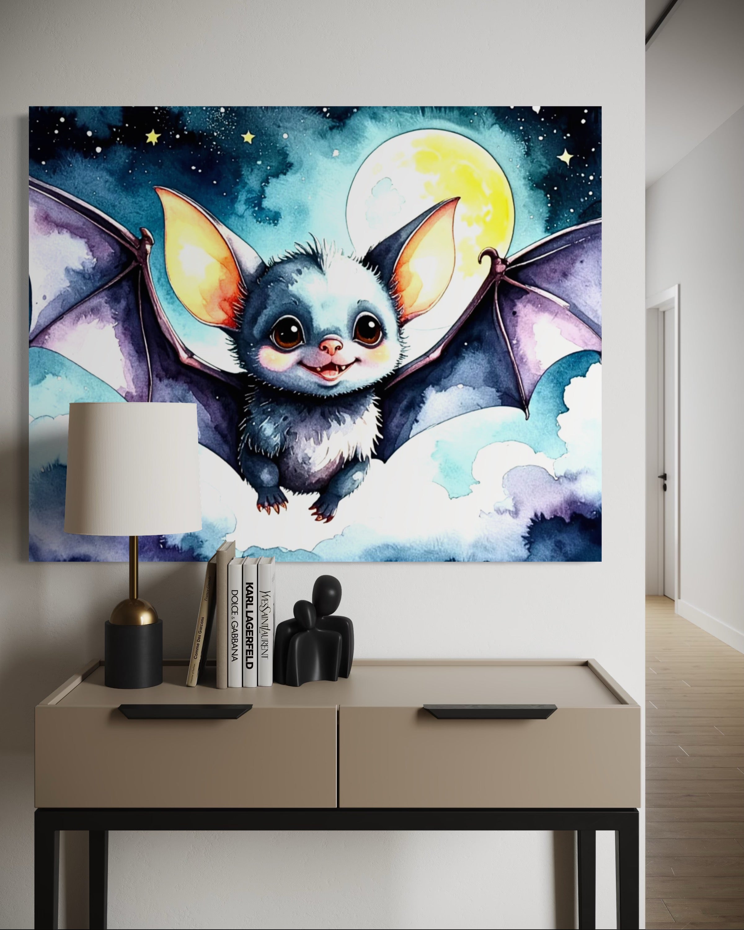 Baby Bat flying under a Full Moon