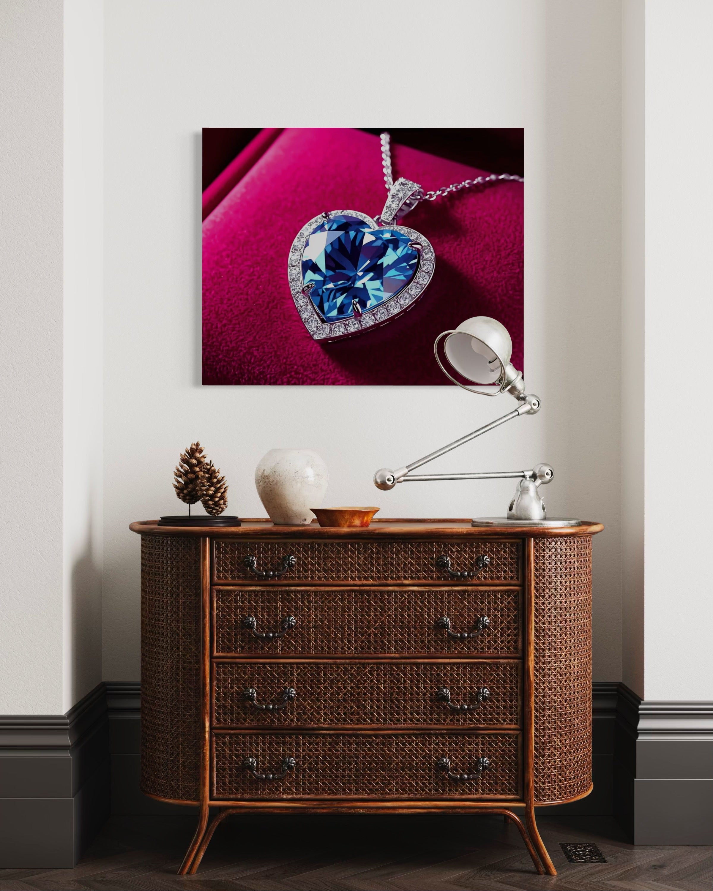 Blue Diamond Heart Necklace on Pink Velvet Museum Print