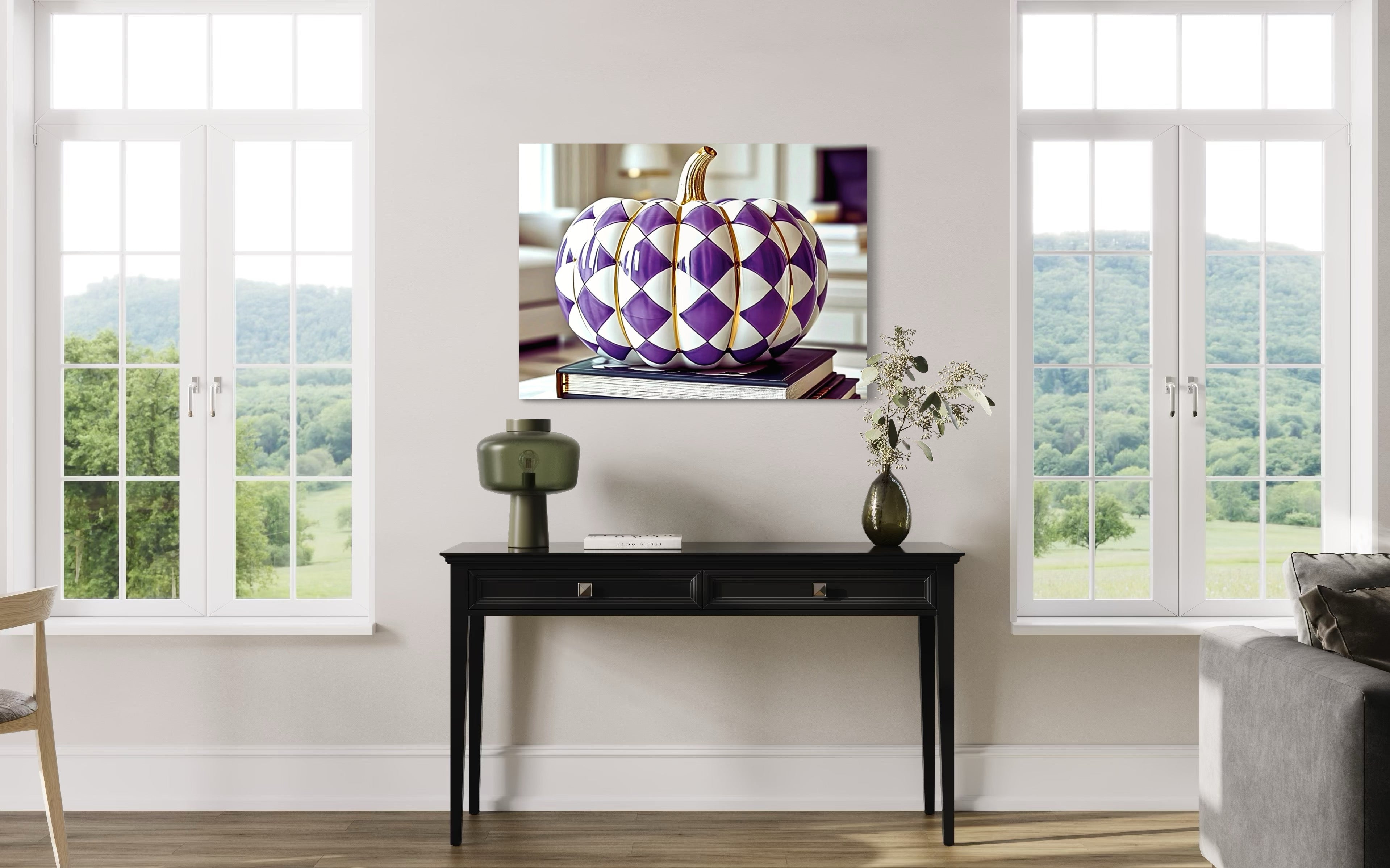 Purple and Gold Checkered Ceramic Pumpkin