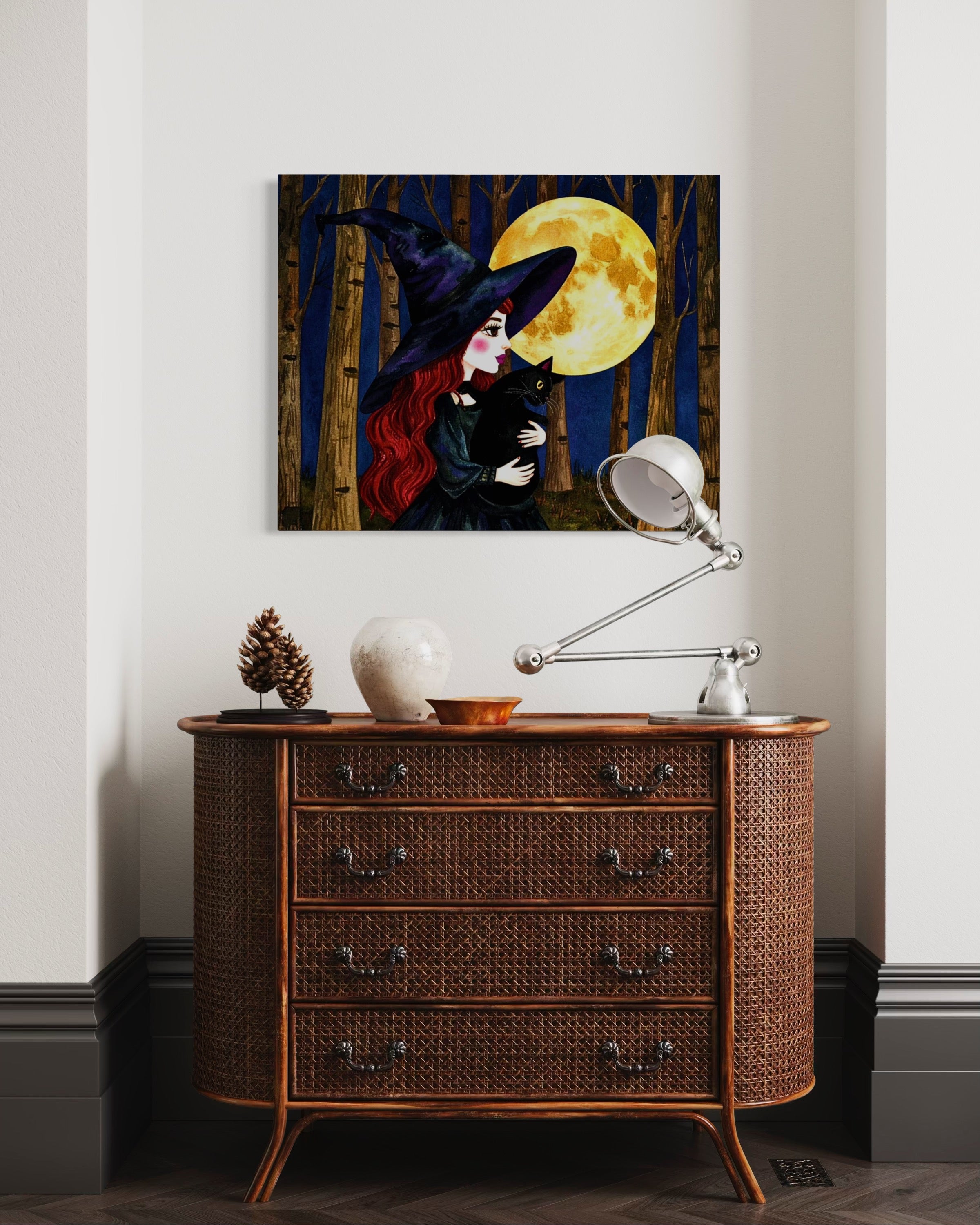 Red Witch with Cat in Moonlight