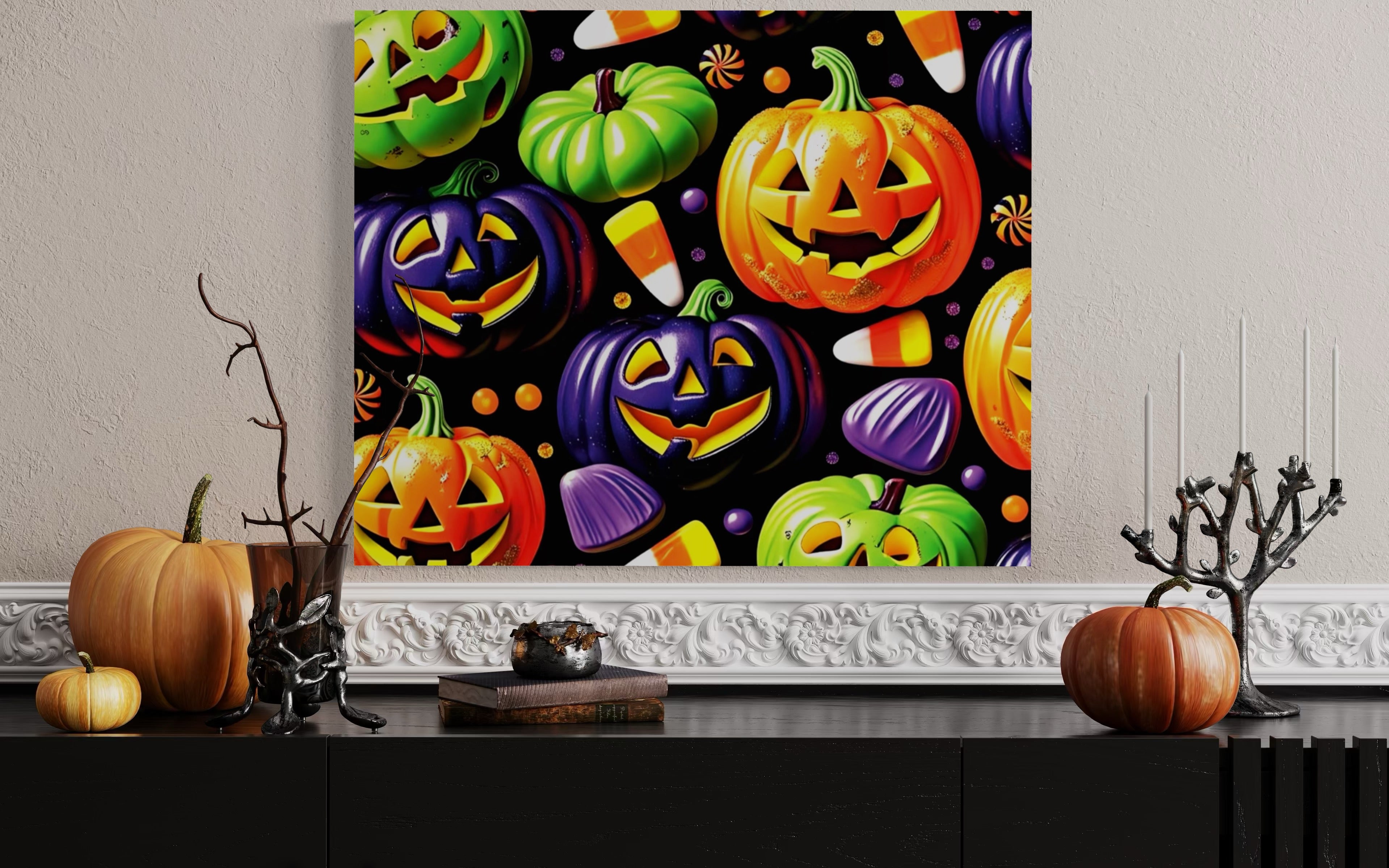 Candy and Pumpkins Pattern on Black