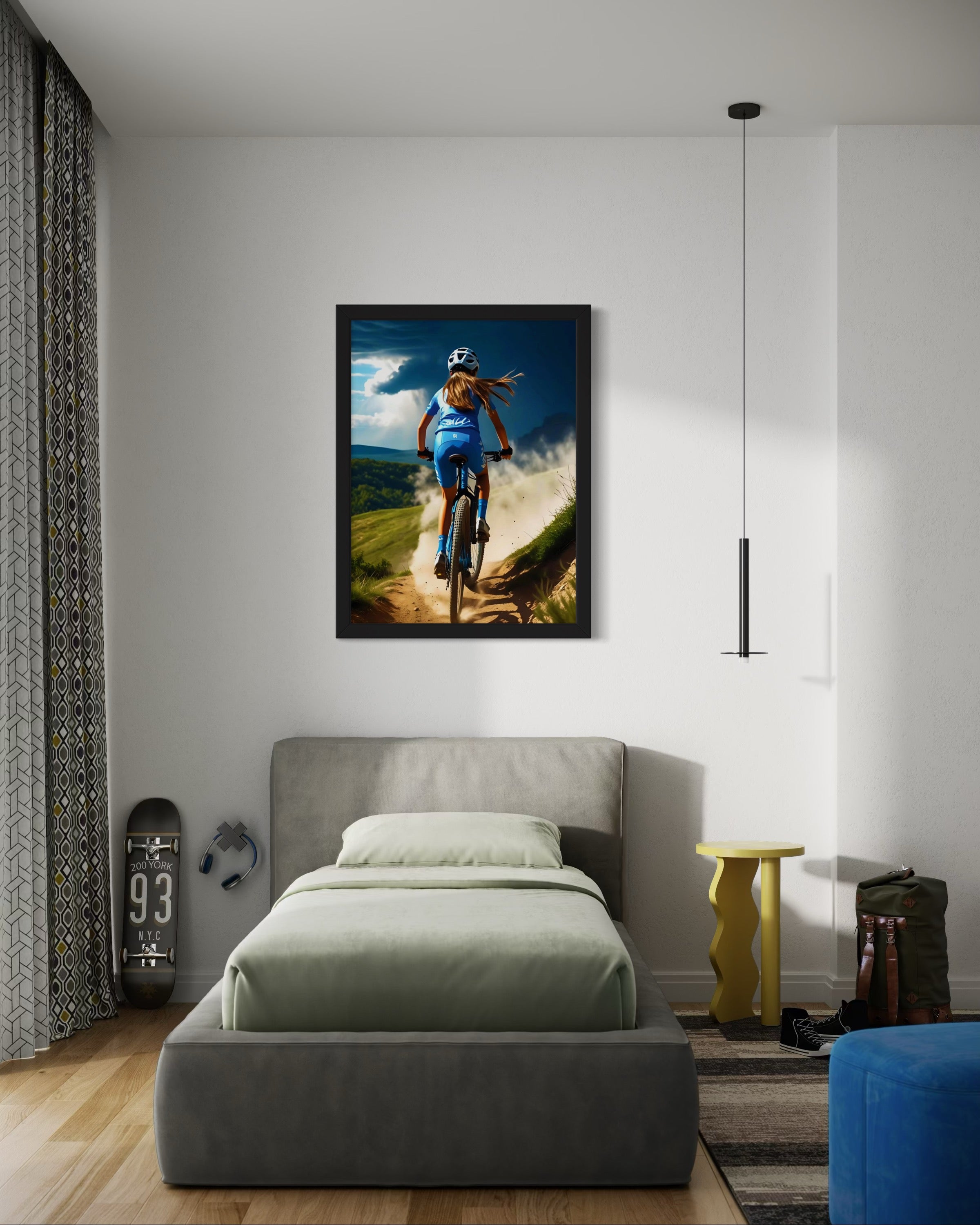 Girl Mountain Biking Blue Museum Print