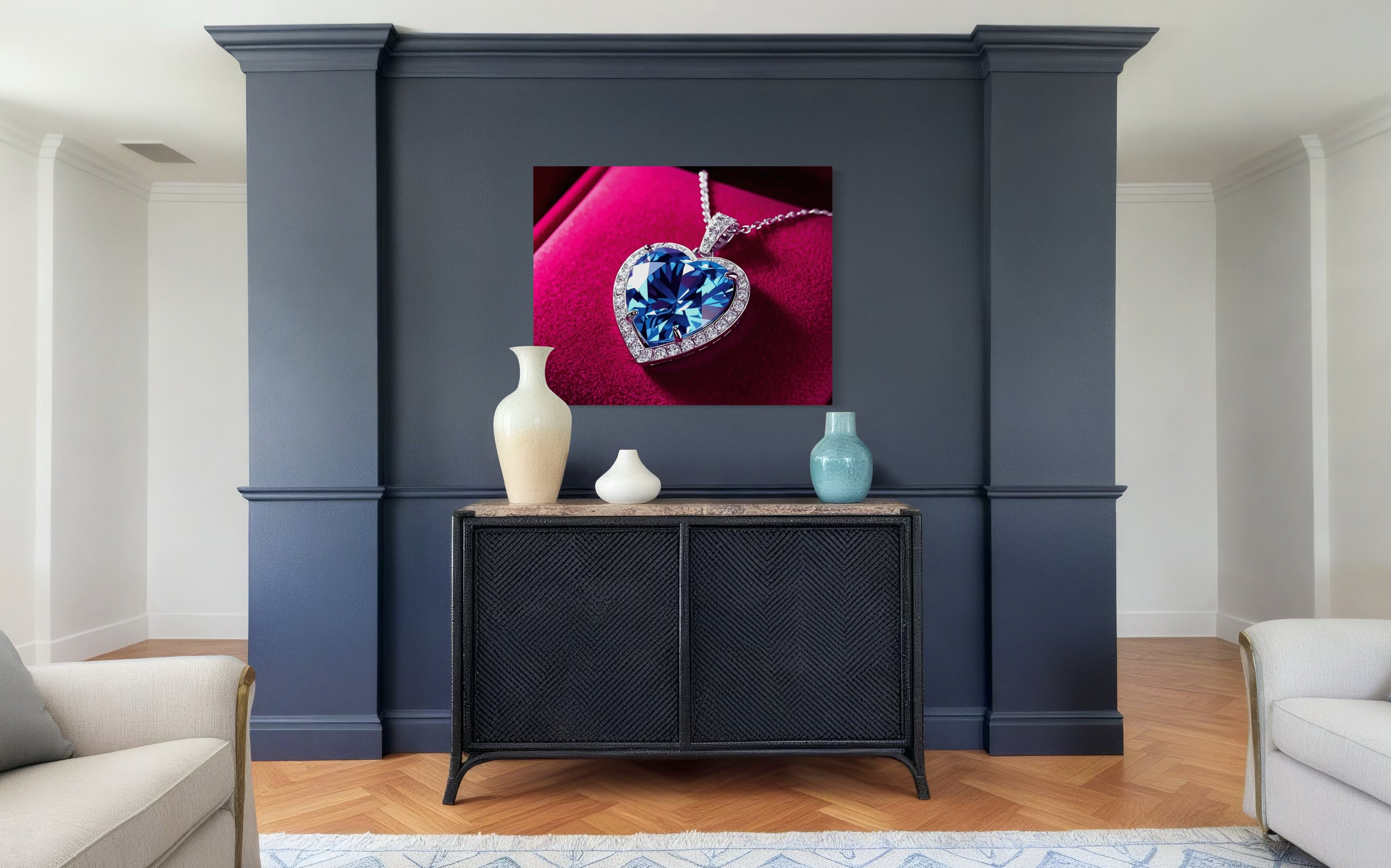 Blue Diamond Heart Necklace on Pink Velvet Museum Print