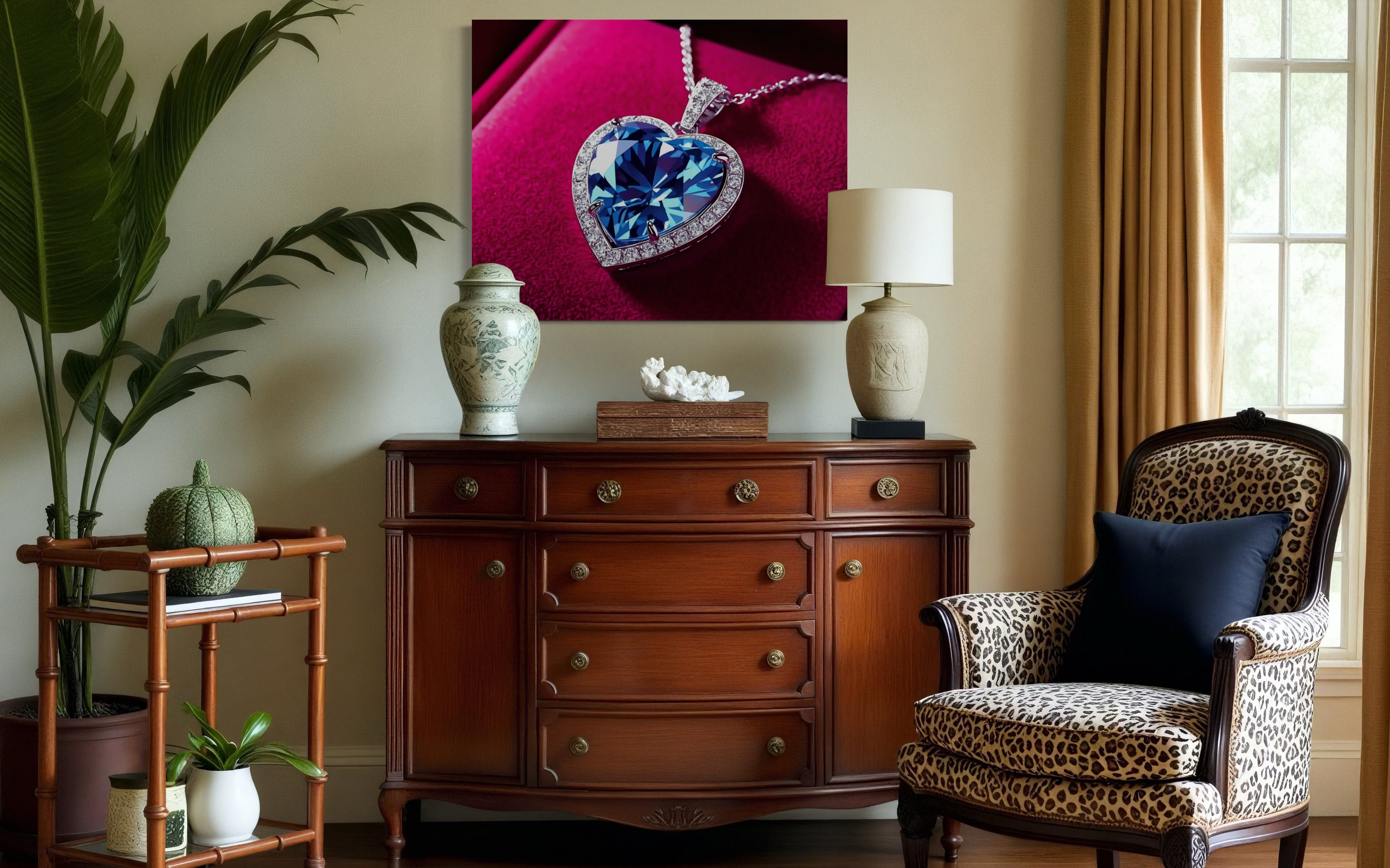 Blue Diamond Heart Necklace on Pink Velvet Museum Print