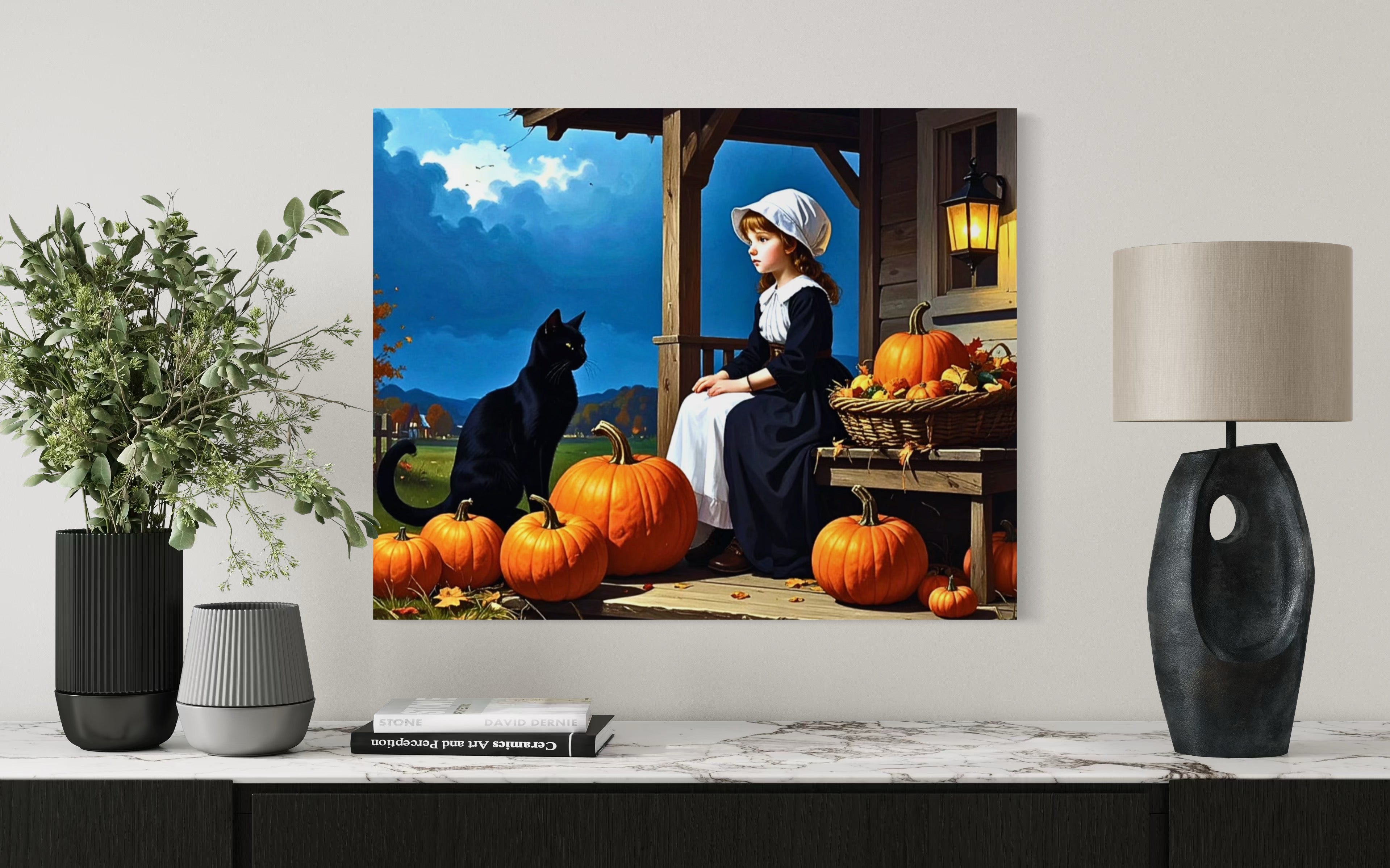 Little Pilgrim Girl with Cat and Pumpkins