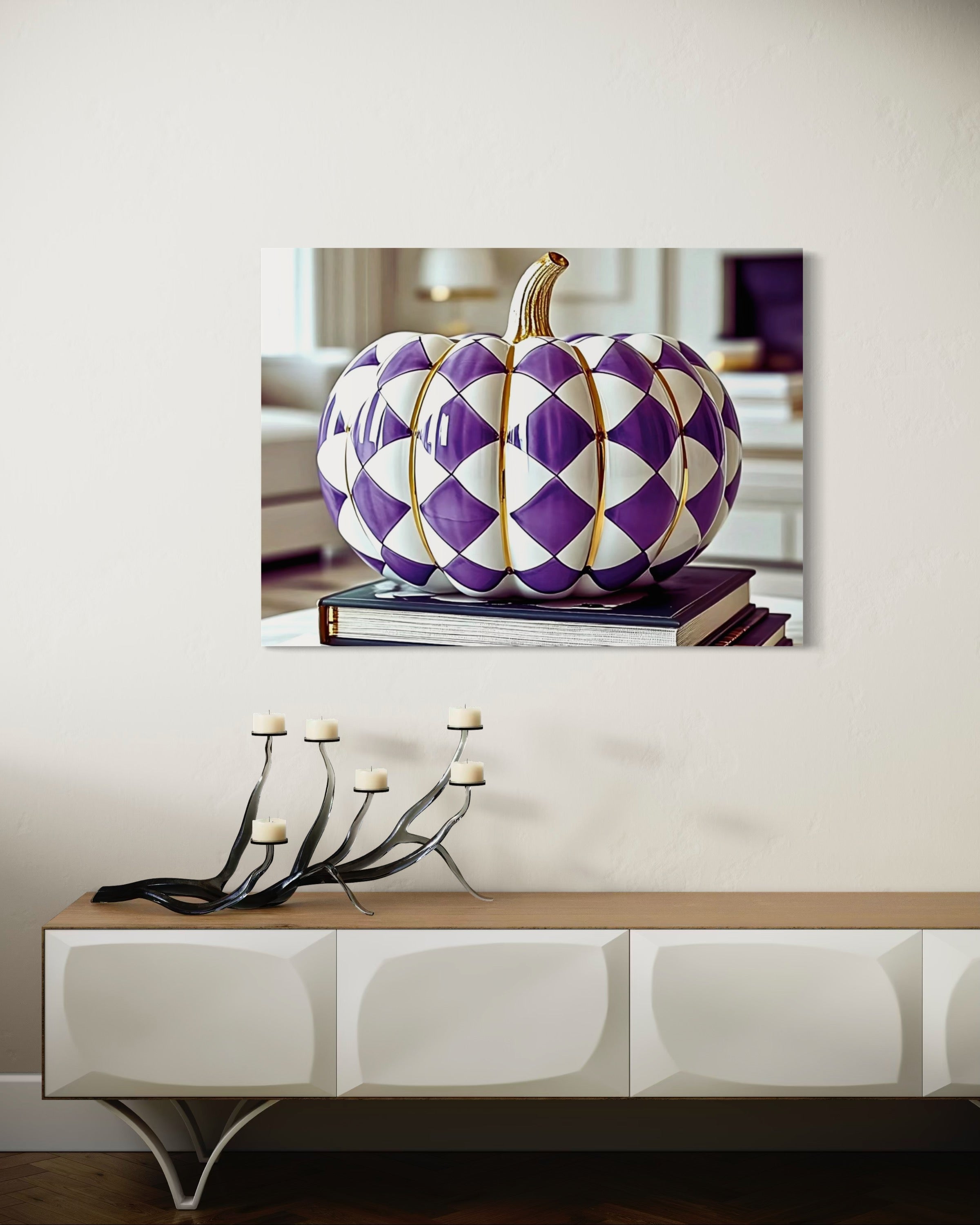 Purple and Gold Checkered Ceramic Pumpkin